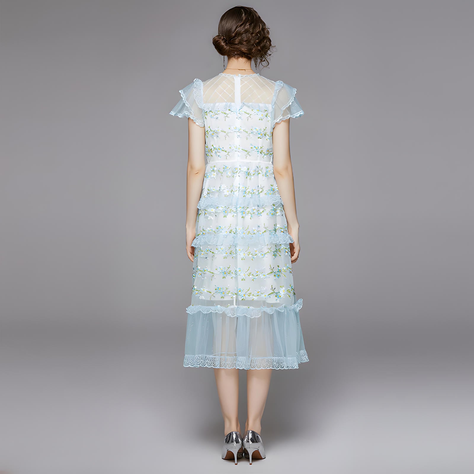 Embroidered Mesh and Lace Soft Blue Dress With Layered Sleeves - 708043012412_BAS