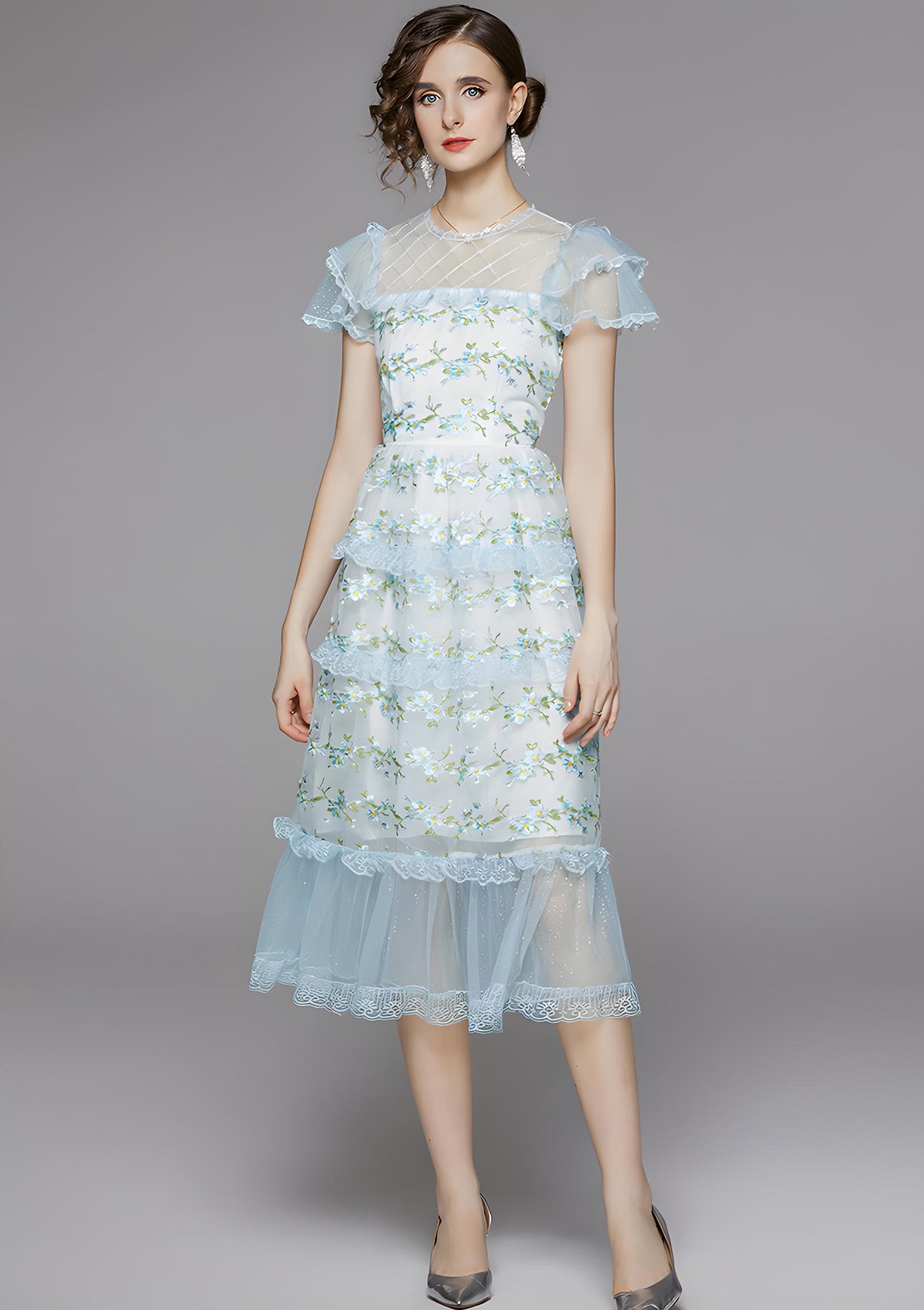 Embroidered Mesh and Lace Soft Blue Dress With Layered Sleeves - 708043012412_BAS