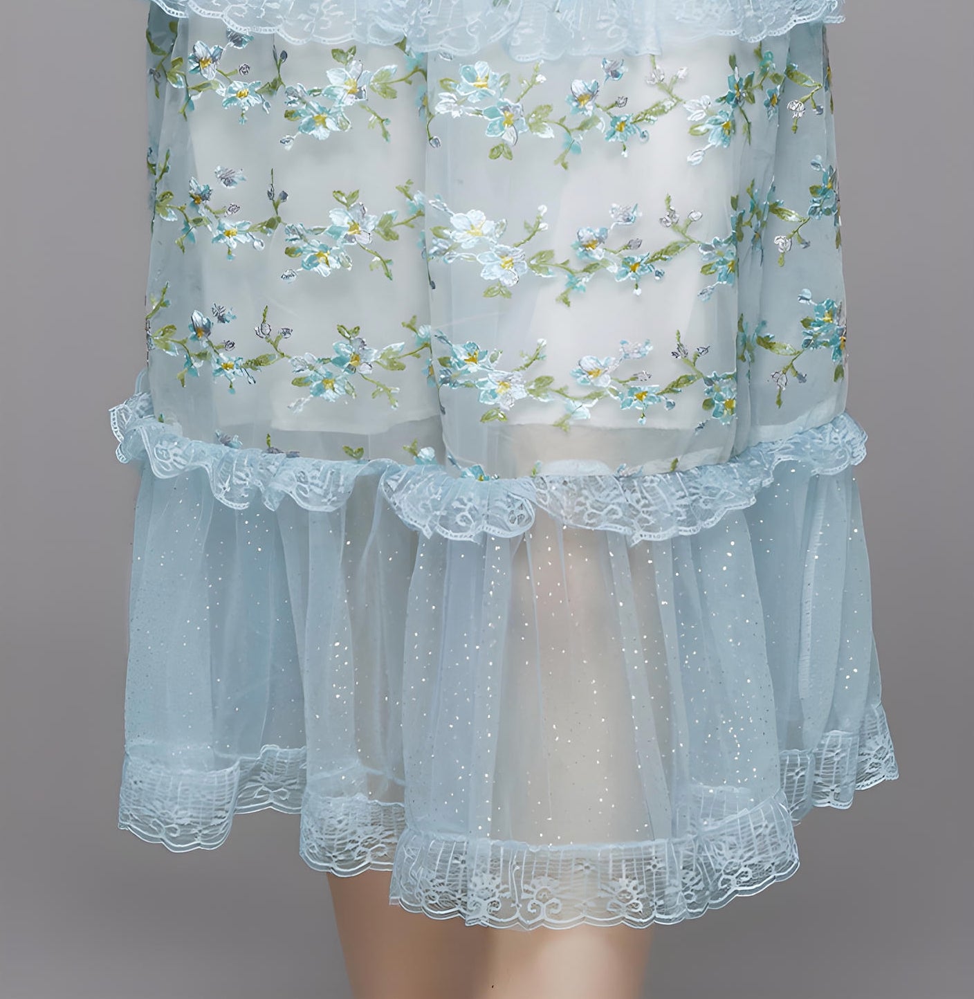 Embroidered Mesh and Lace Soft Blue Dress With Layered Sleeves - 708043012412_BAS