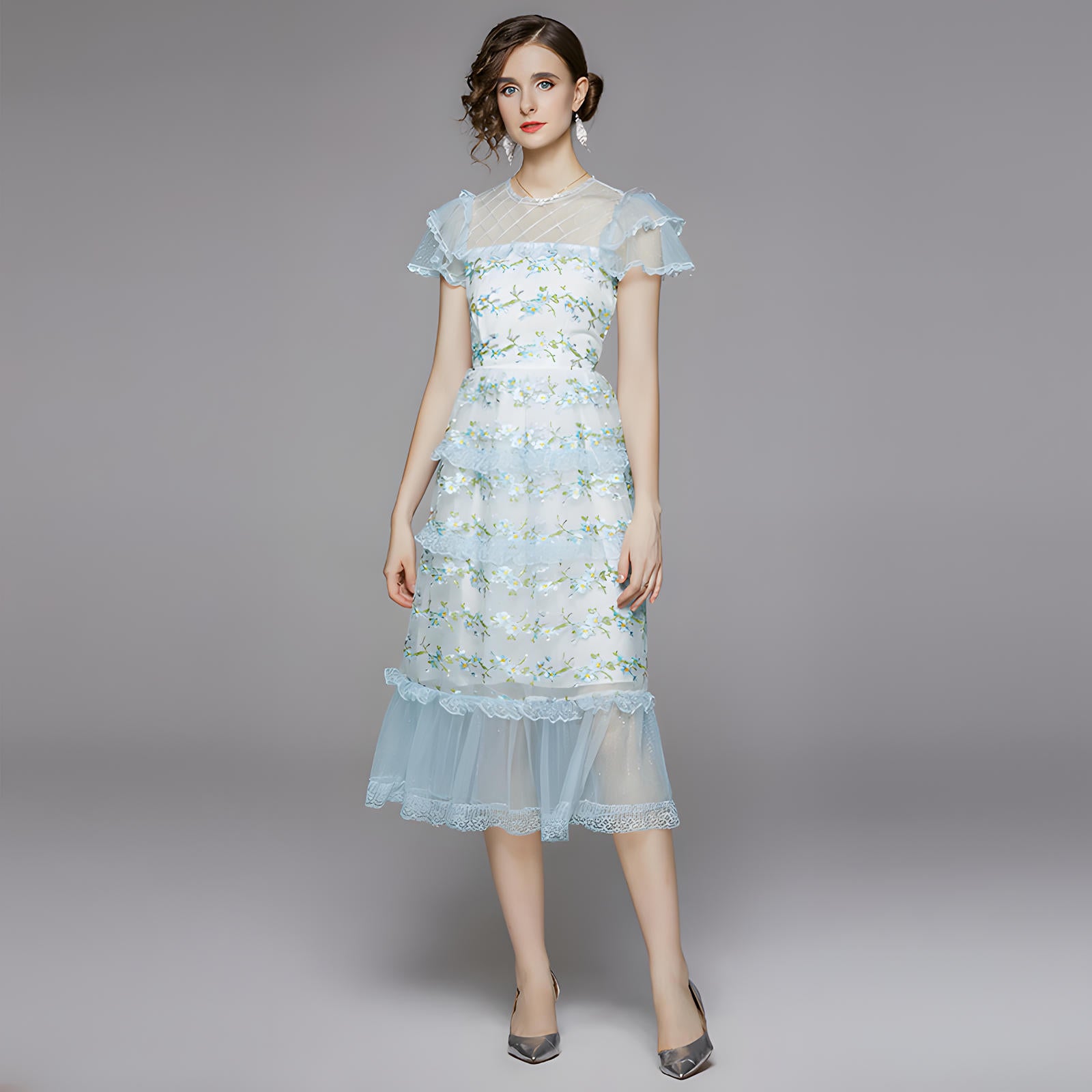Embroidered Mesh and Lace Soft Blue Dress With Layered Sleeves - 708043012412_BAS