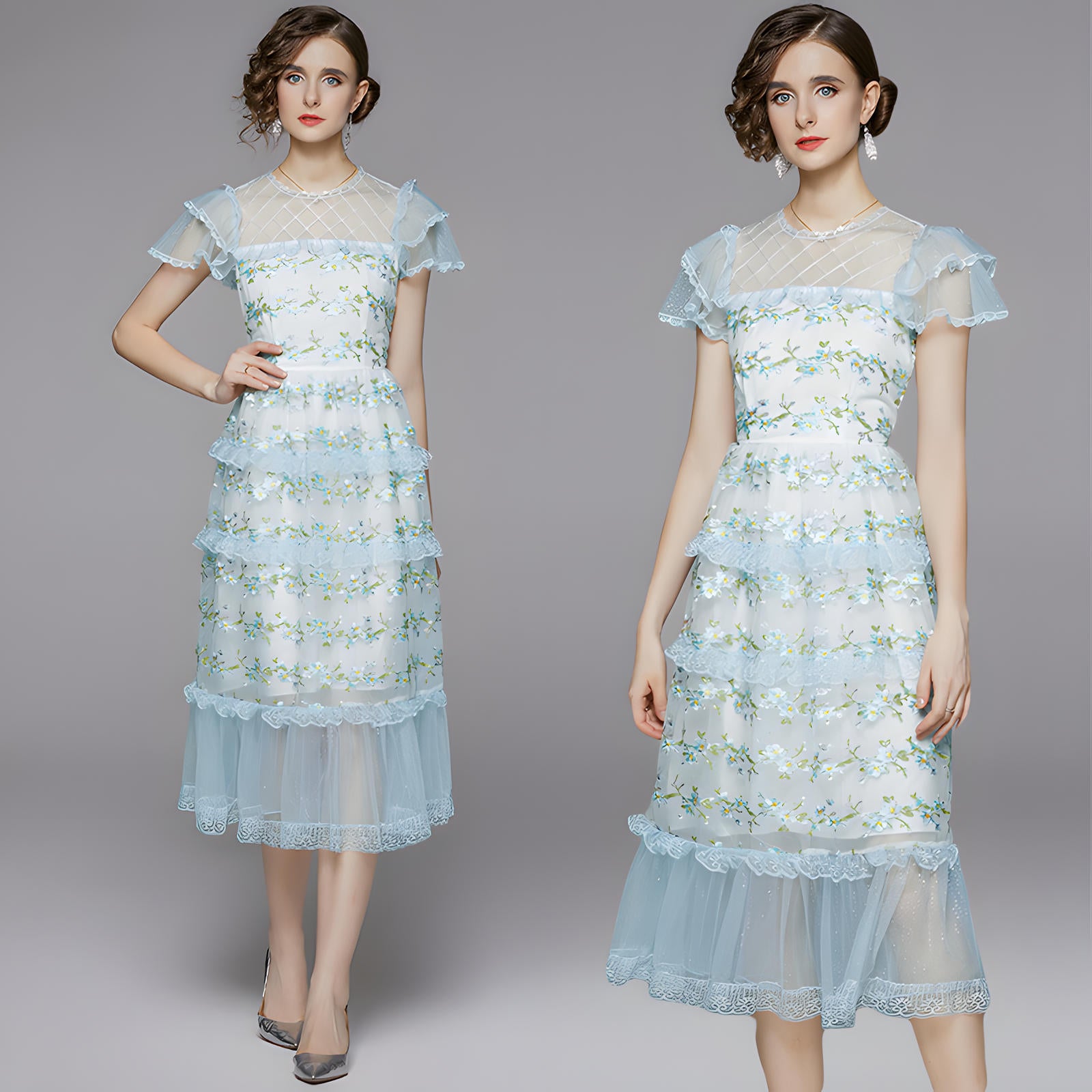 Embroidered Mesh and Lace Soft Blue Dress With Layered Sleeves - 708043012412_BAS