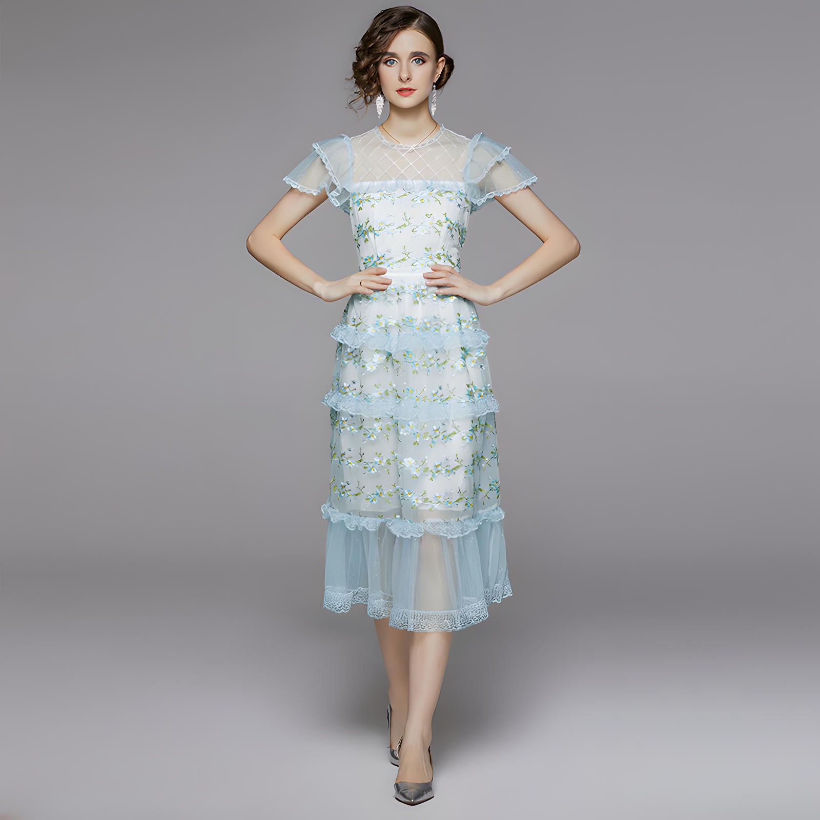 Embroidered Mesh and Lace Soft Blue Dress With Layered Sleeves - 708043012412_BAS
