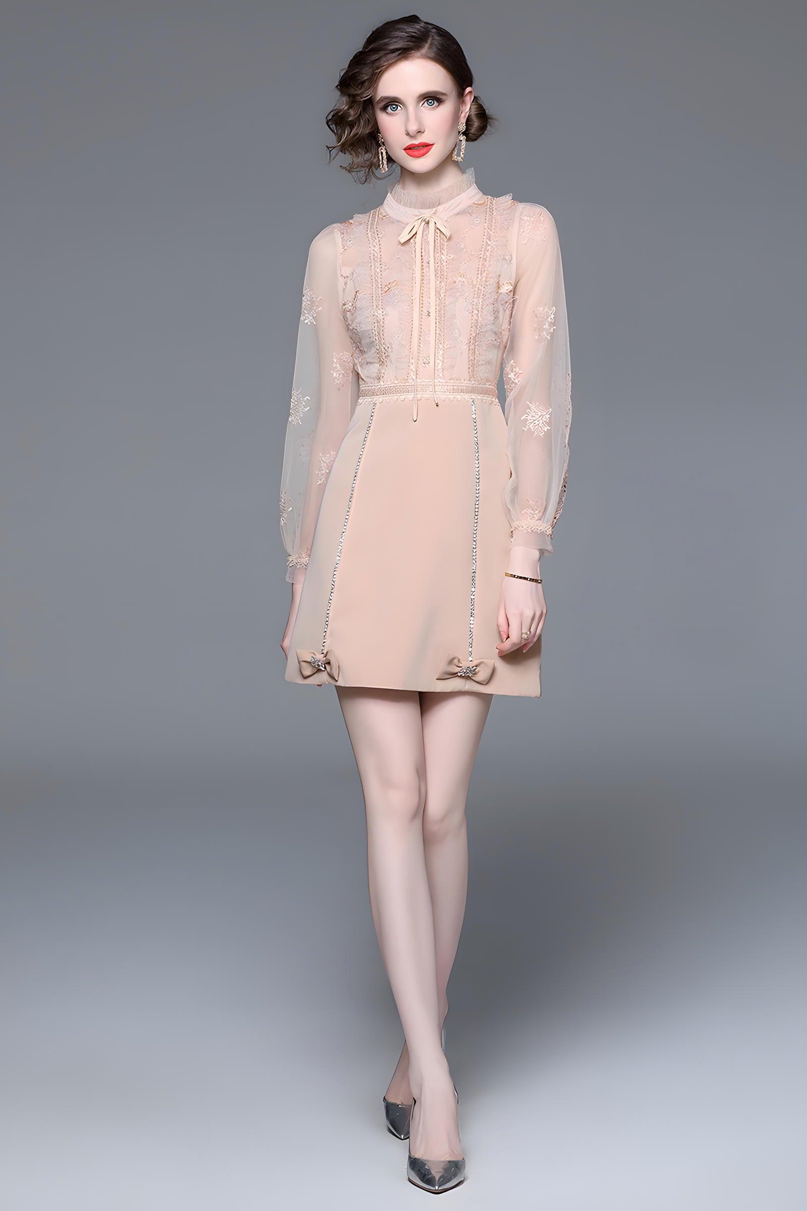 Beaded Short Skirt Dress with Embroidered Mesh And French Bow Detailing - 708394559246_BAS