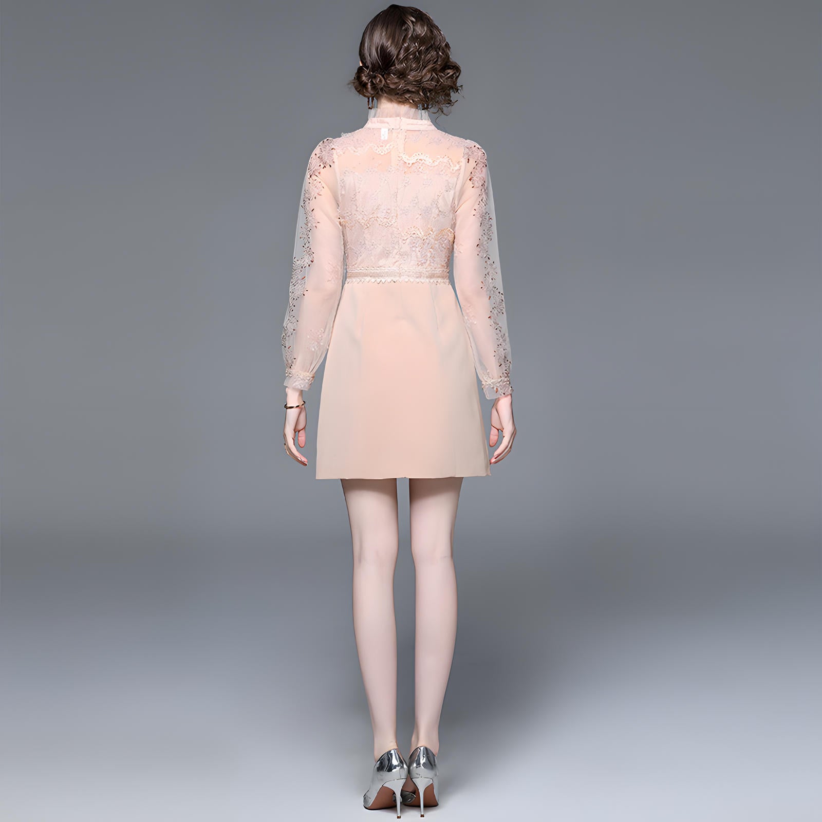 Beaded Short Skirt Dress with Embroidered Mesh And French Bow Detailing - 708394559246_BAS