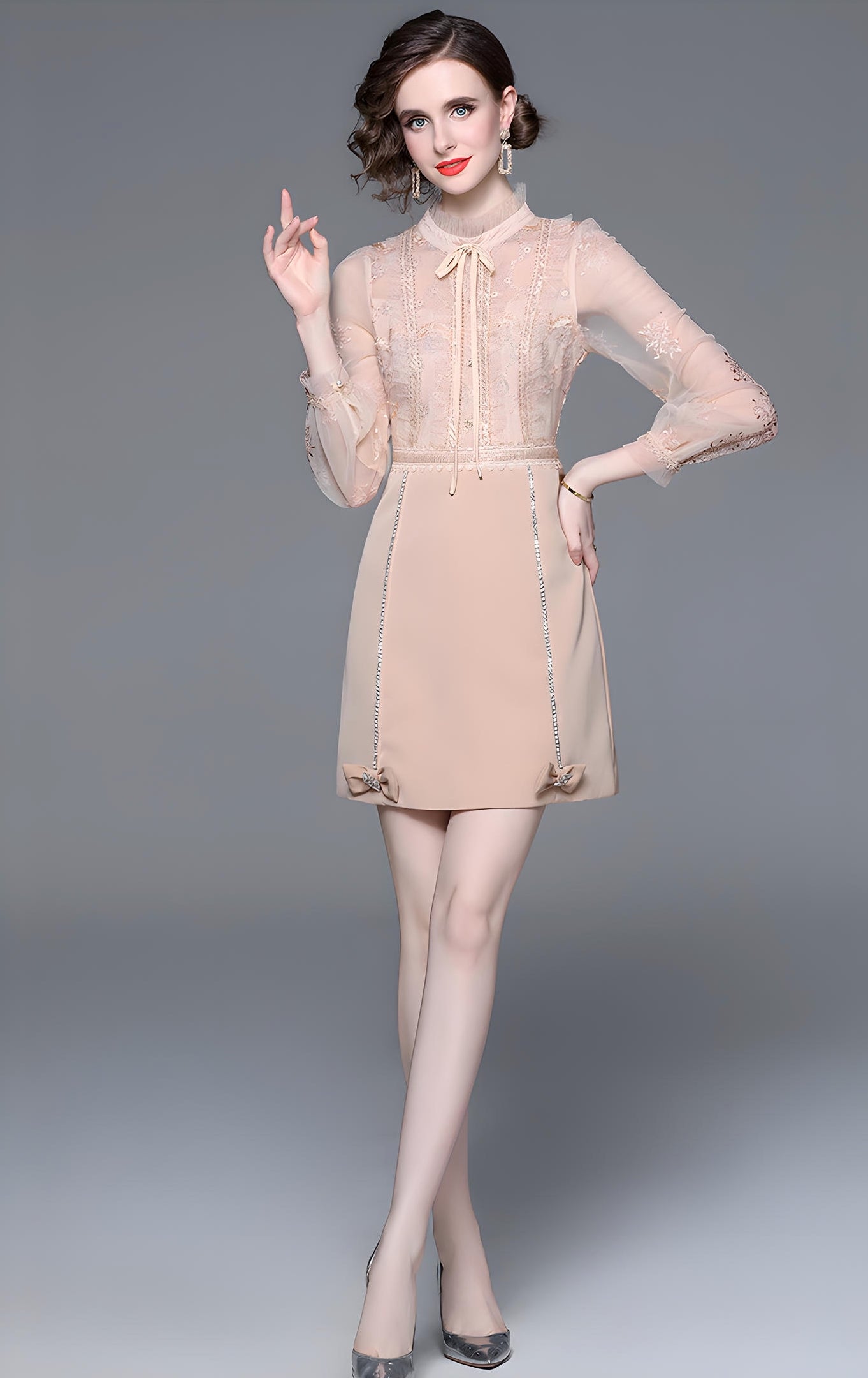 Beaded Short Skirt Dress with Embroidered Mesh And French Bow Detailing - 708394559246_BAS