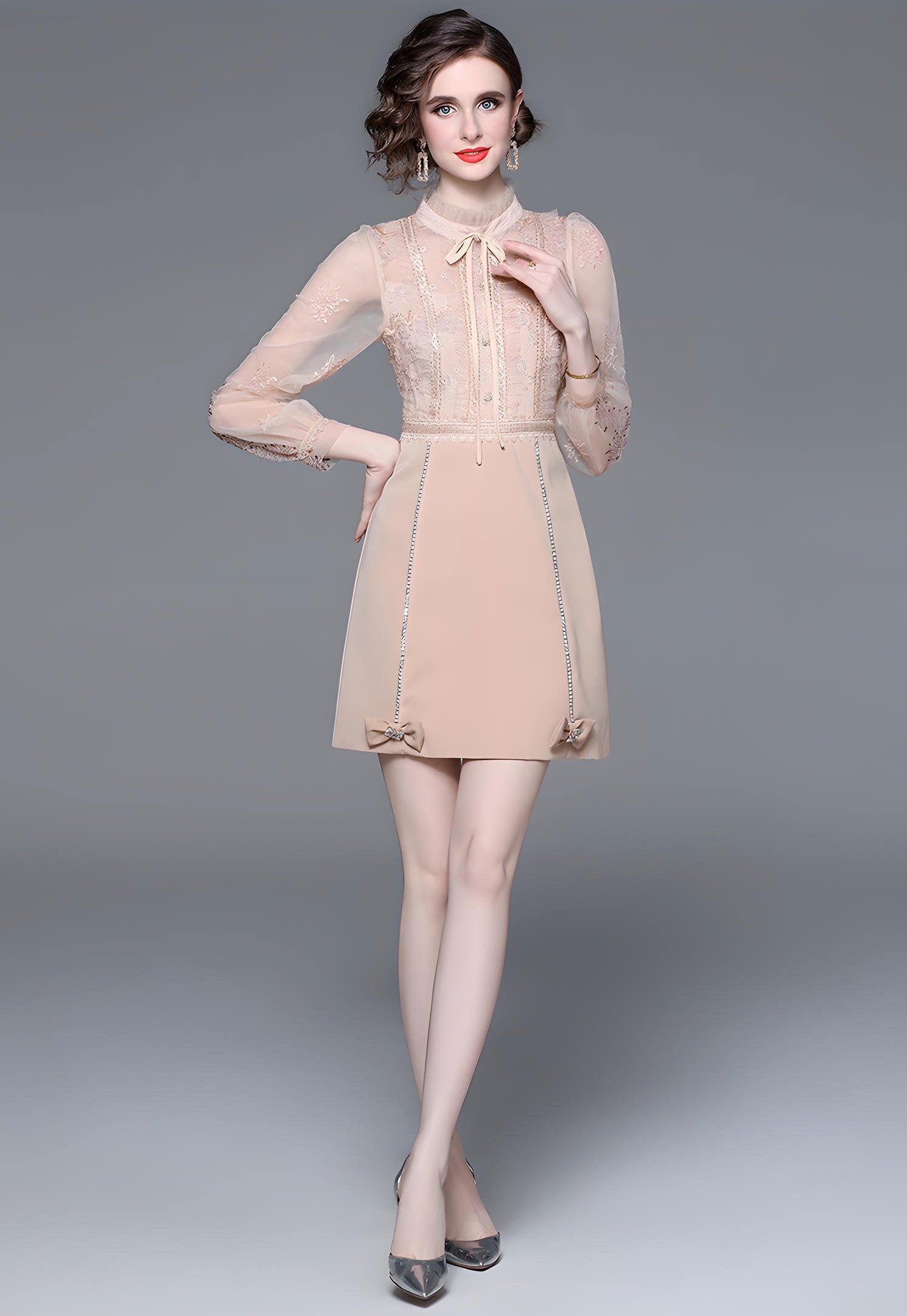 Beaded Short Skirt Dress with Embroidered Mesh And French Bow Detailing - 708394559246_BAS