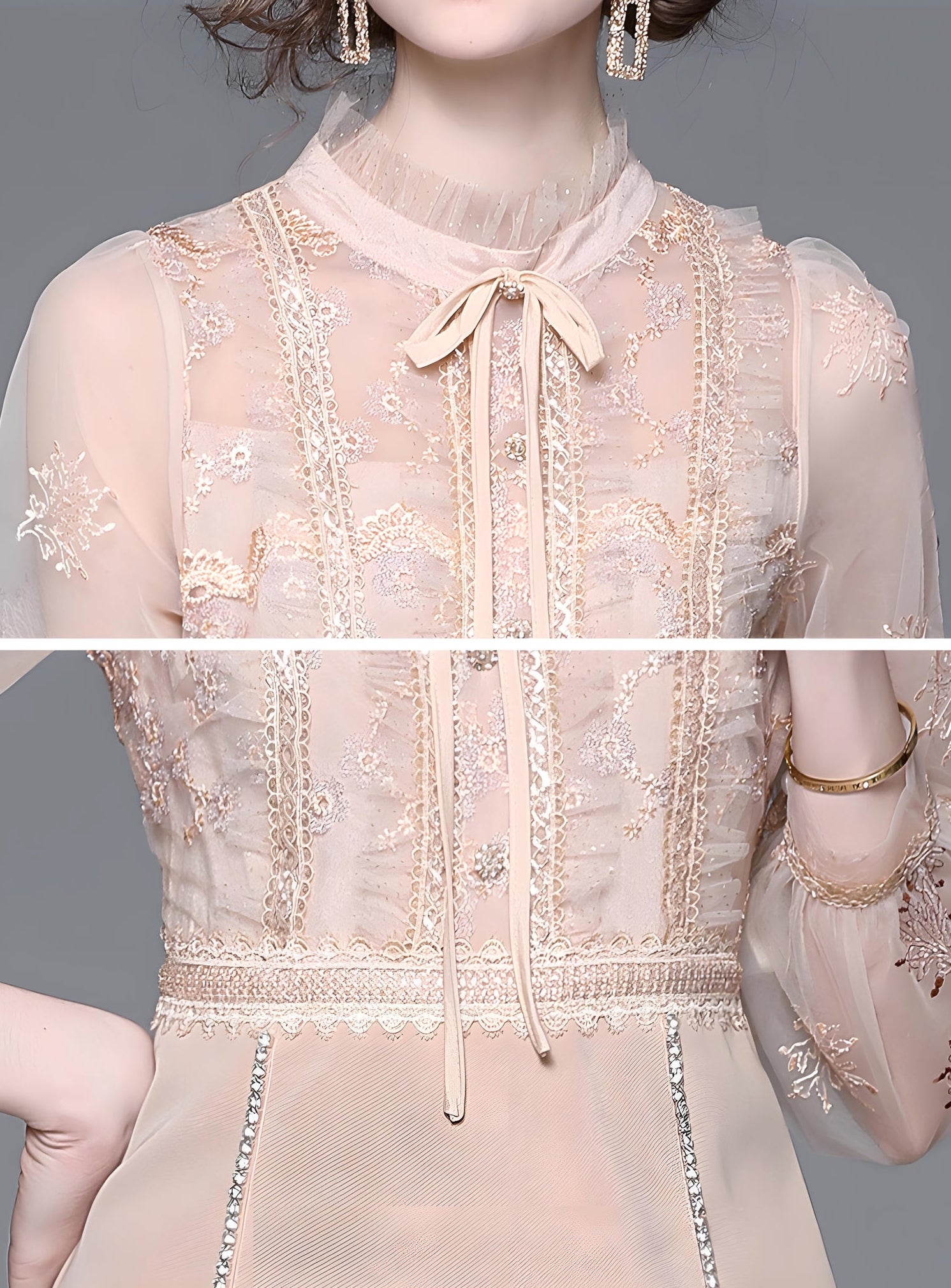 Beaded Short Skirt Dress with Embroidered Mesh And French Bow Detailing - 708394559246_BAS