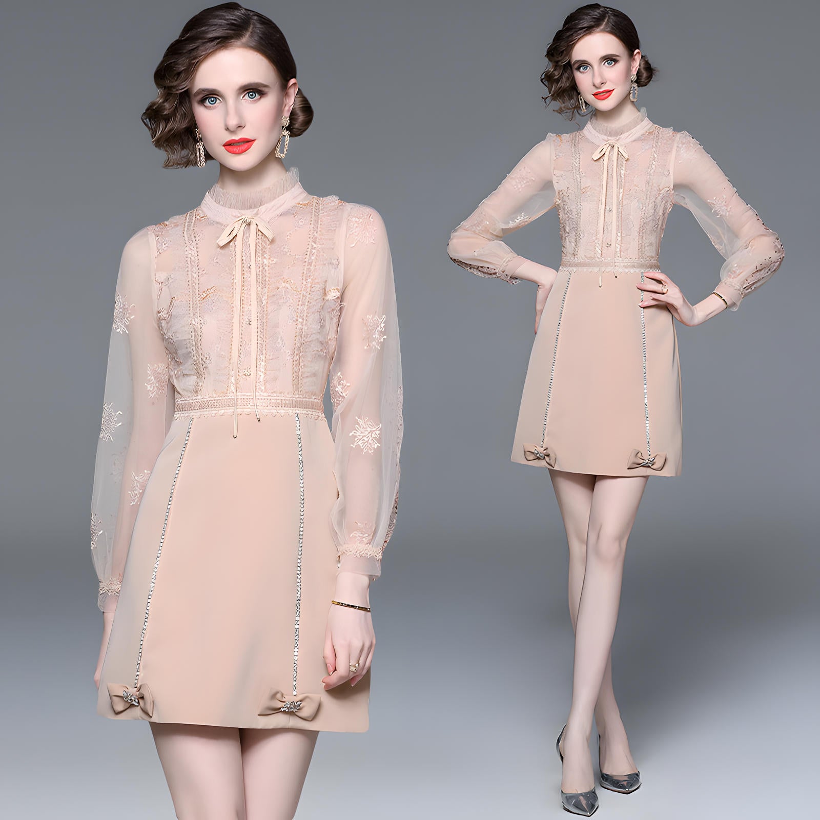 Beaded Short Skirt Dress with Embroidered Mesh And French Bow Detailing - 708394559246_BAS