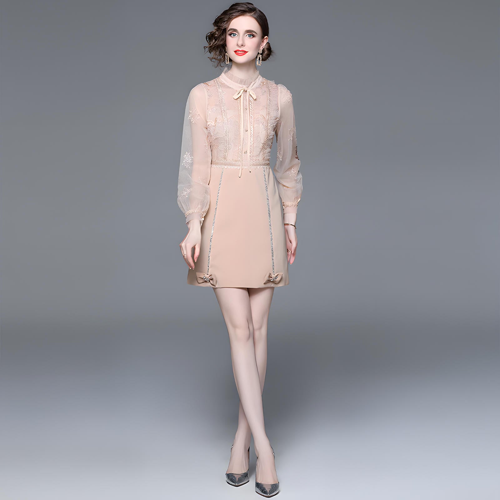 Beaded Short Skirt Dress with Embroidered Mesh And French Bow Detailing - 708394559246_BAS