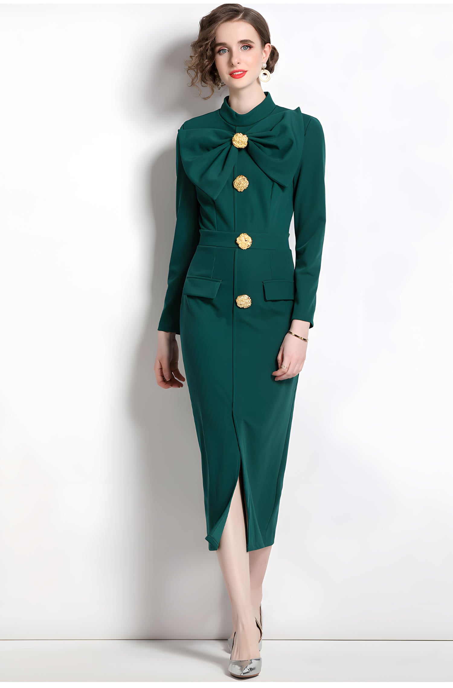 High Neck Front Bow Long Sleeve Front Slit Fitted Green Coat Dress - 708616962739_BAS