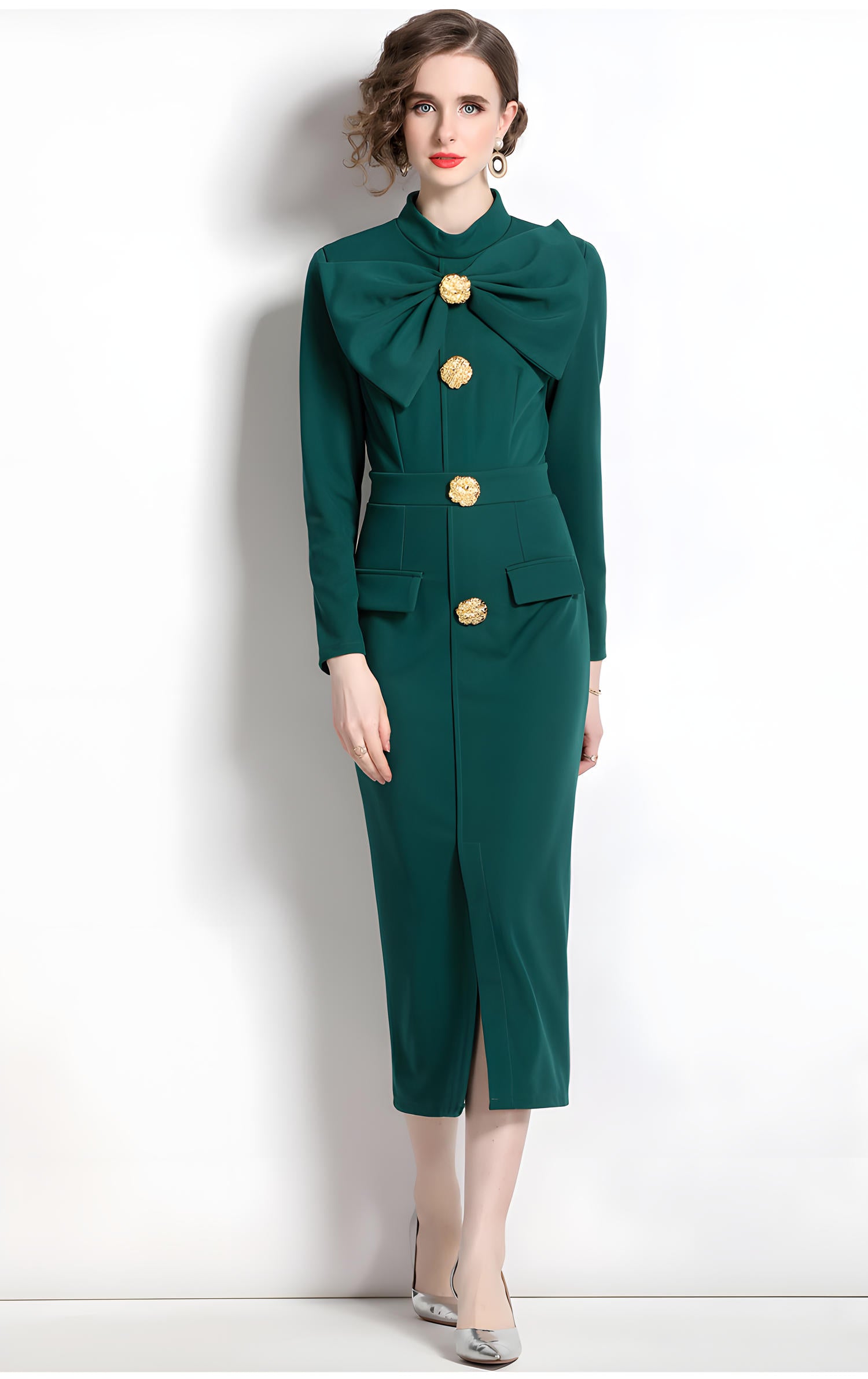 High Neck Front Bow Long Sleeve Front Slit Fitted Green Coat Dress - 708616962739_BAS