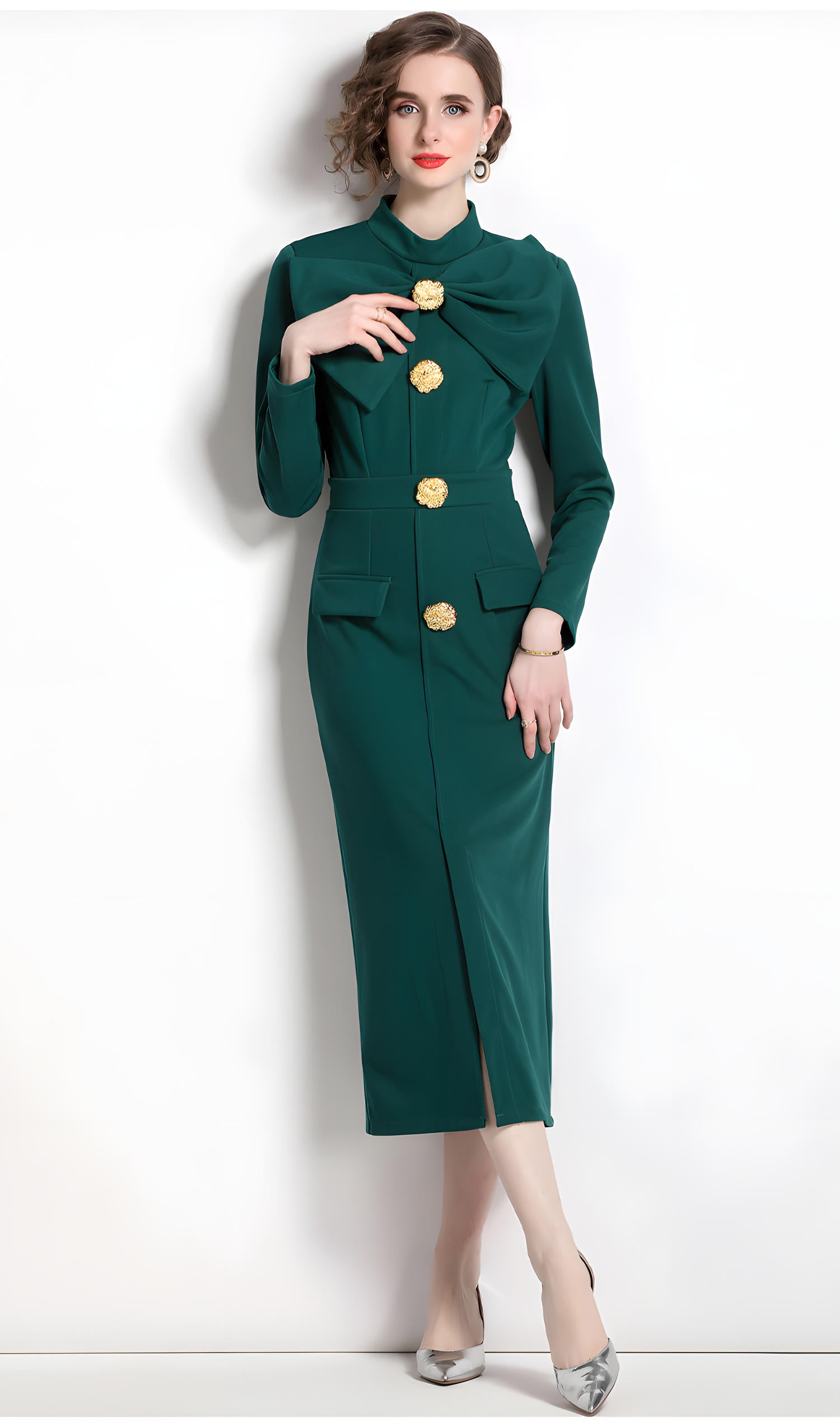 High Neck Front Bow Long Sleeve Front Slit Fitted Green Coat Dress - 708616962739_BAS