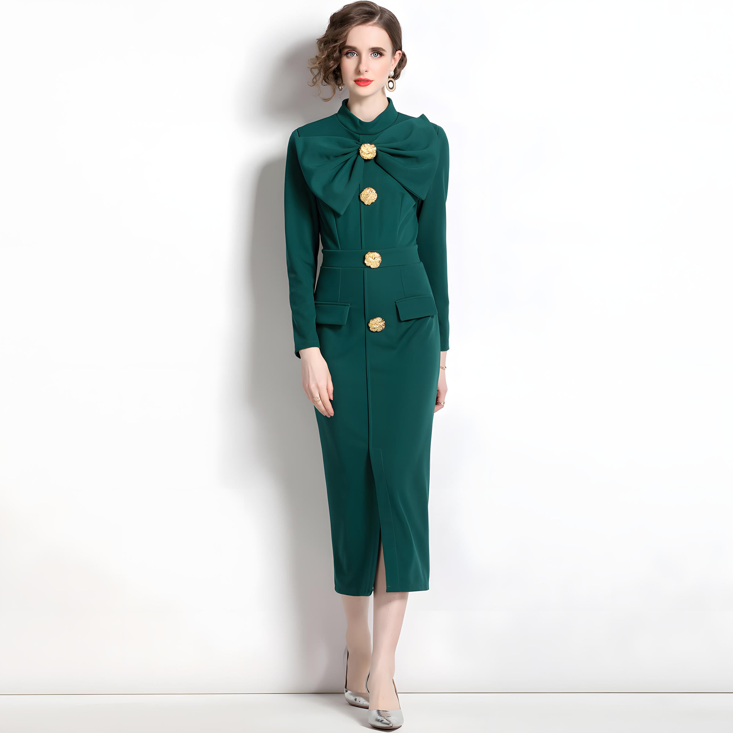 High Neck Front Bow Long Sleeve Front Slit Fitted Green Coat Dress - 708616962739_BAS
