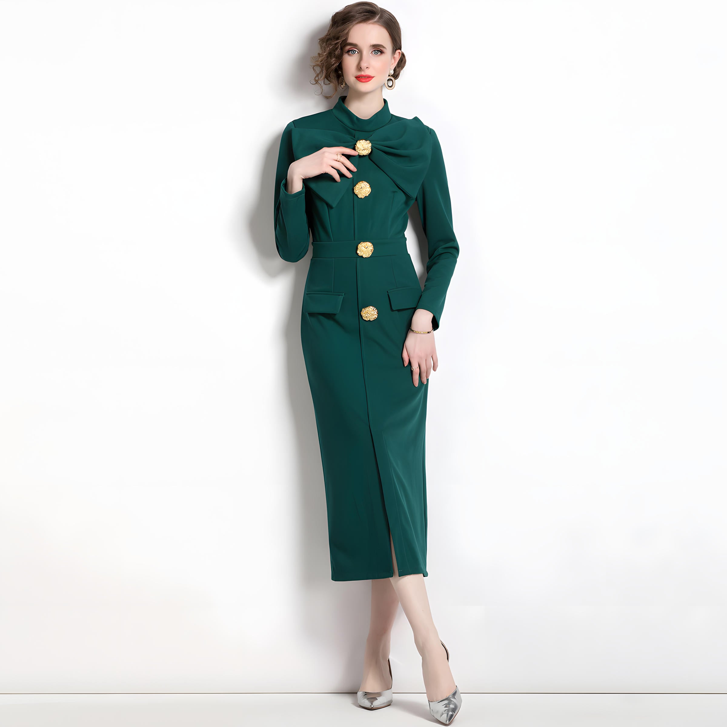 High Neck Front Bow Long Sleeve Front Slit Fitted Green Coat Dress - 708616962739_BAS