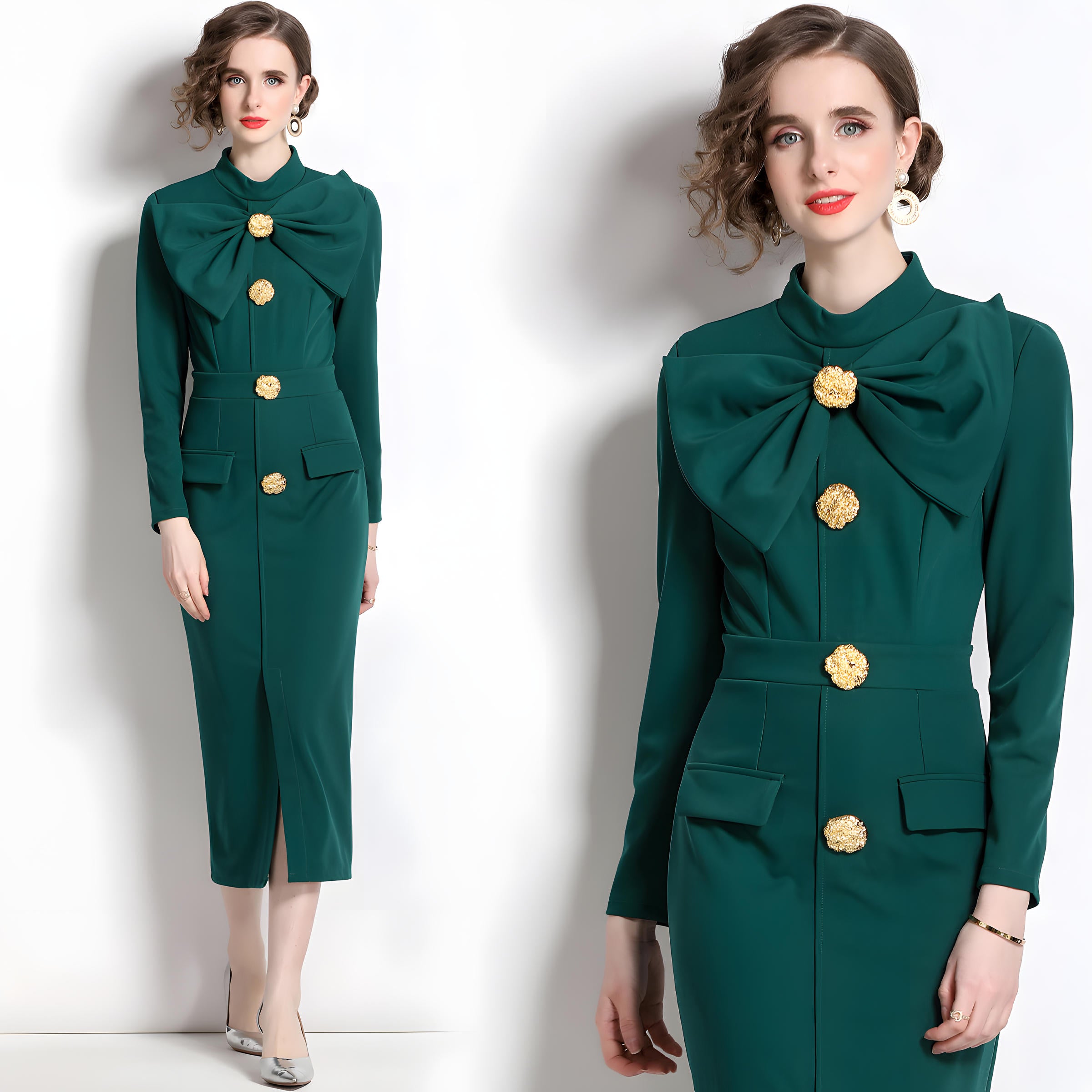 High Neck Front Bow Long Sleeve Front Slit Fitted Green Coat Dress - 708616962739_BAS