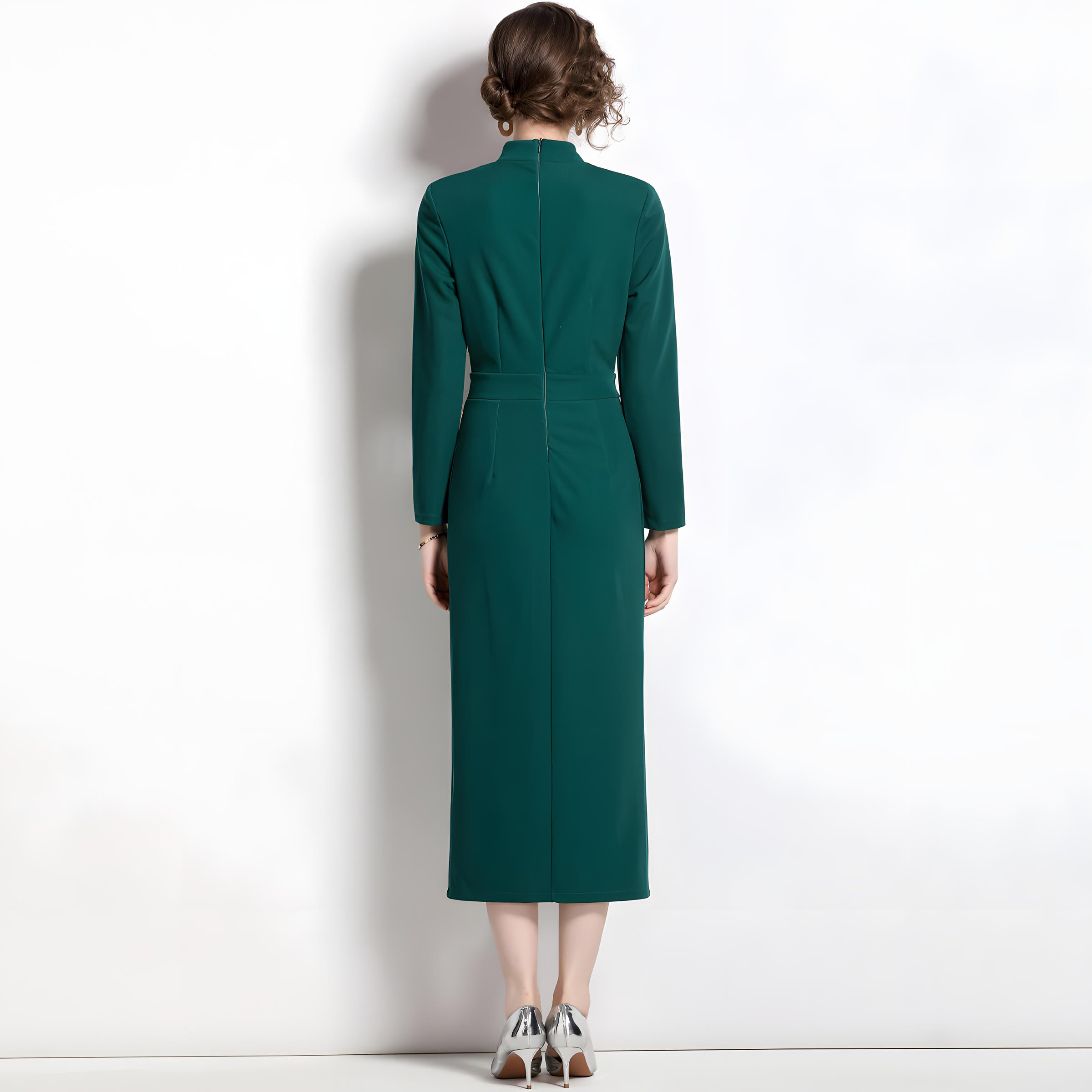 High Neck Front Bow Long Sleeve Front Slit Fitted Green Coat Dress - 708616962739_BAS