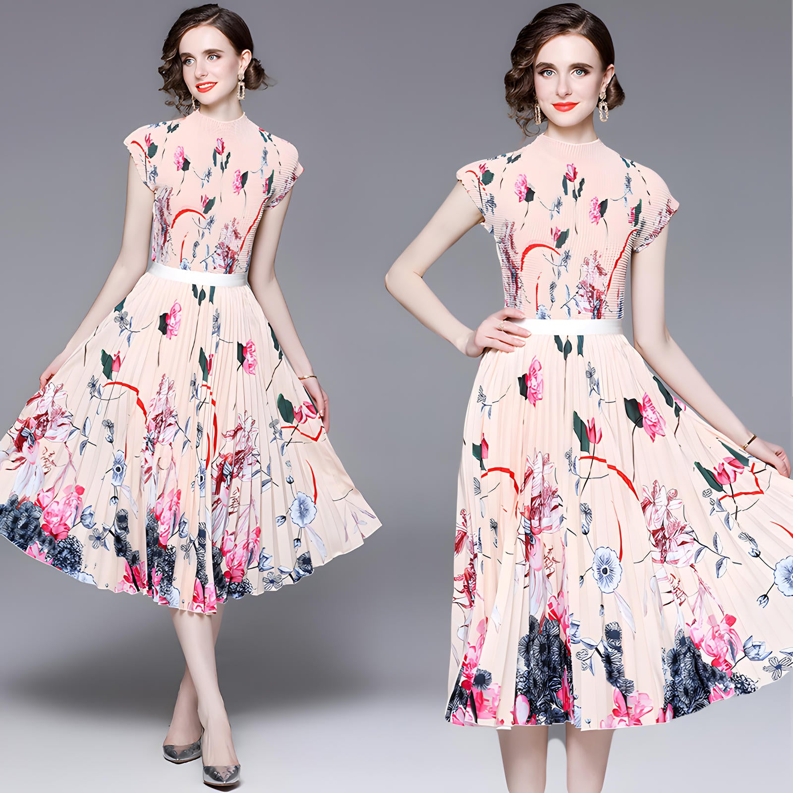 Floral Canvas Miyaki Fold Blouse Pleated Skirt Two Piece Chiffon Set	- 709212862350_BAS