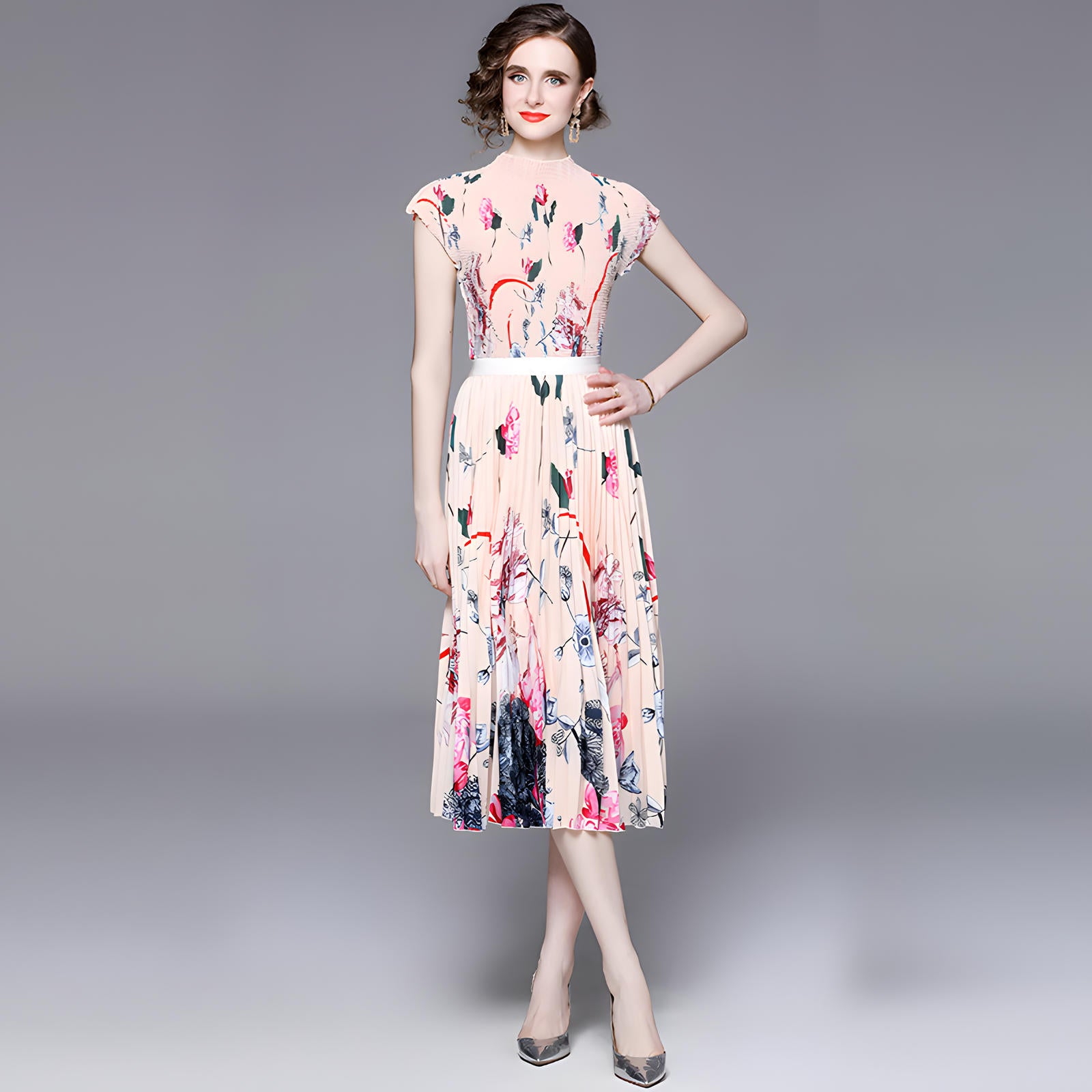 Floral Canvas Miyaki Fold Blouse Pleated Skirt Two Piece Chiffon Set	- 709212862350_BAS