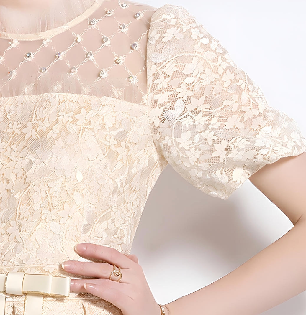 Multitier Lace and Satin Apricot Short Dress with Lace Puffed Sleeves and High Neck - 709672270774_BAS