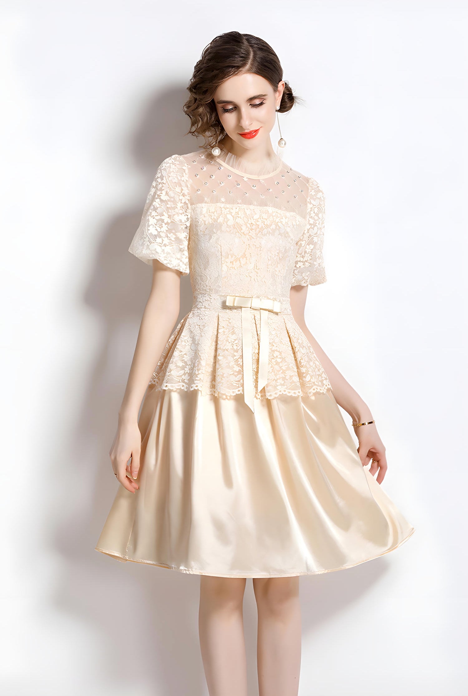 Multitier Lace and Satin Apricot Short Dress with Lace Puffed Sleeves and High Neck - 709672270774_BAS