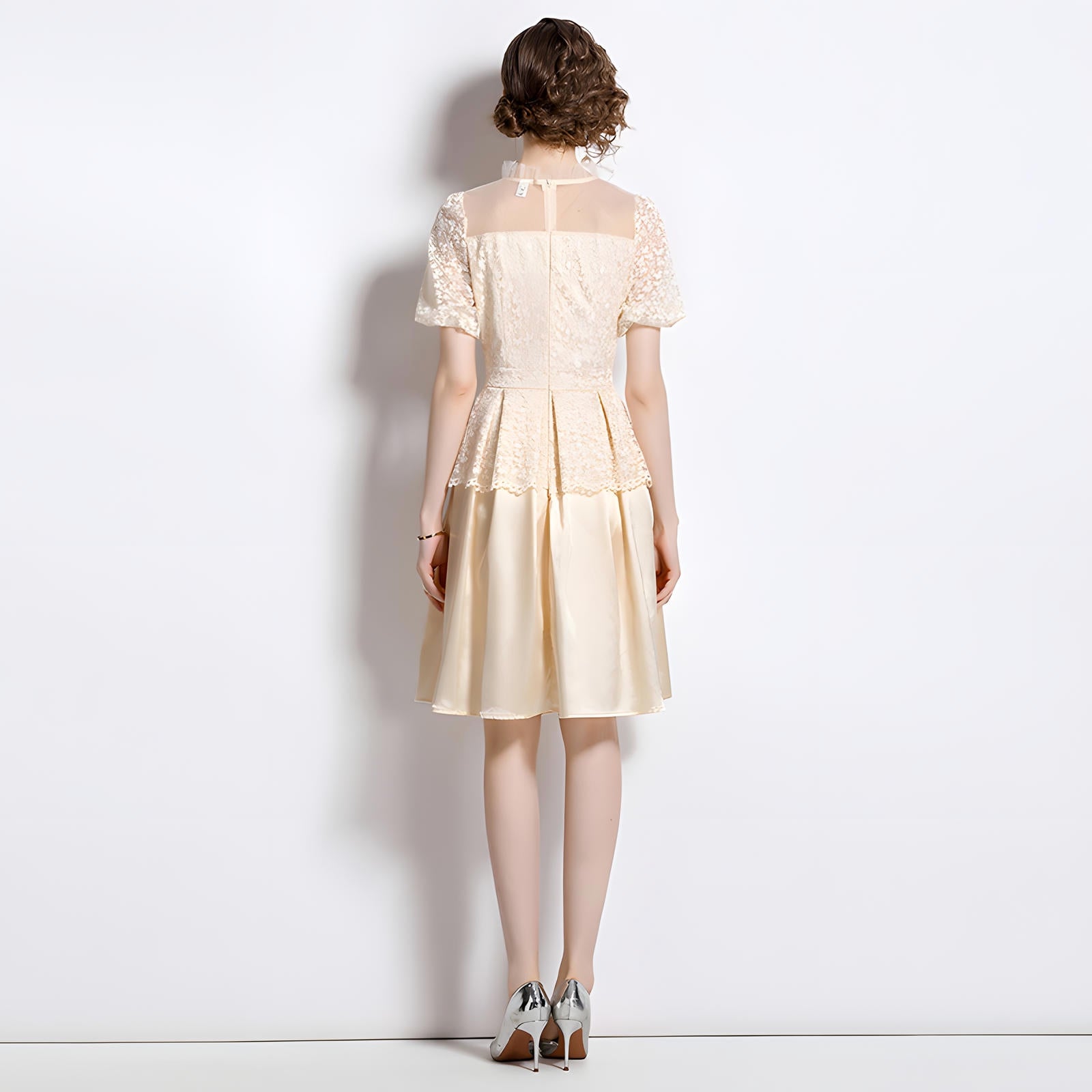 Multitier Lace and Satin Apricot Short Dress with Lace Puffed Sleeves and High Neck - 709672270774_BAS