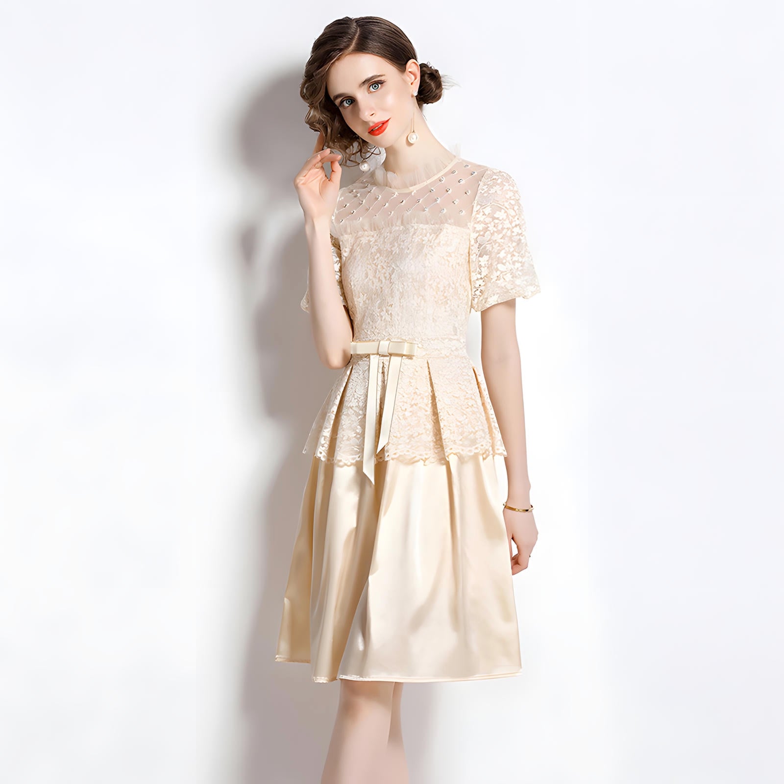 Multitier Lace and Satin Apricot Short Dress with Lace Puffed Sleeves and High Neck - 709672270774_BAS