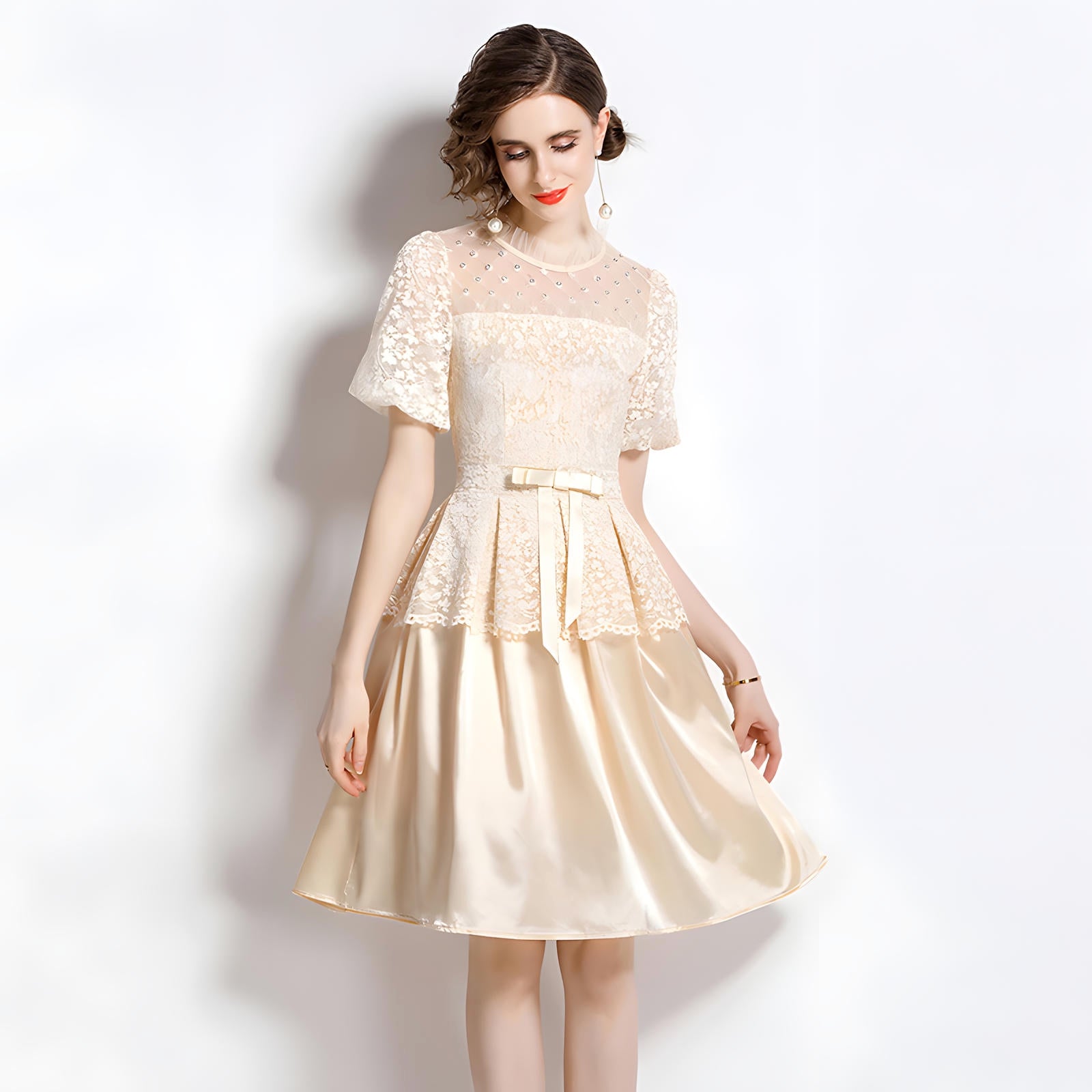 Multitier Lace and Satin Apricot Short Dress with Lace Puffed Sleeves and High Neck - 709672270774_BAS