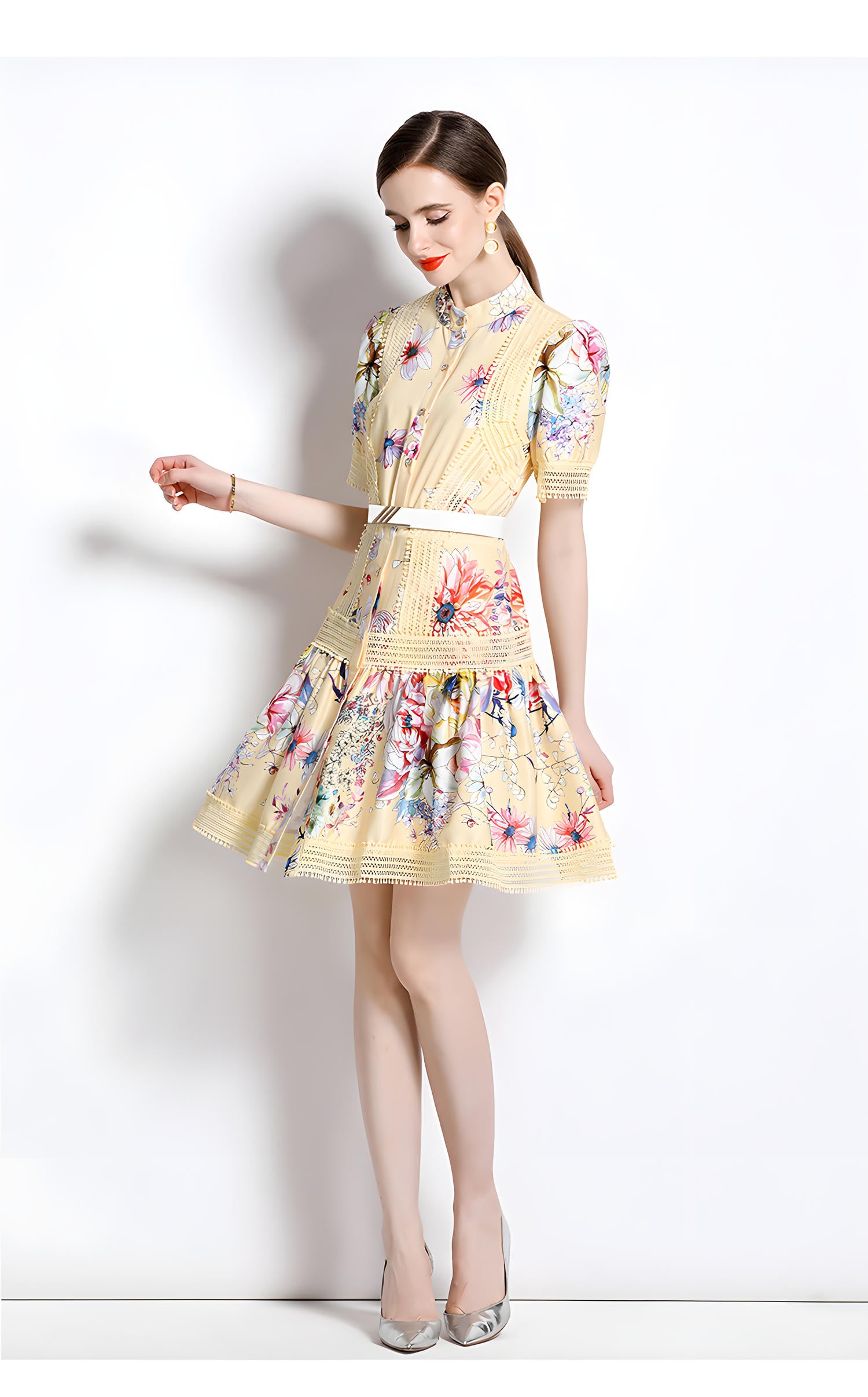 Printed French Style Shirt Short Dress With Belt and Cuff Sleeves - 710813554099_BAS