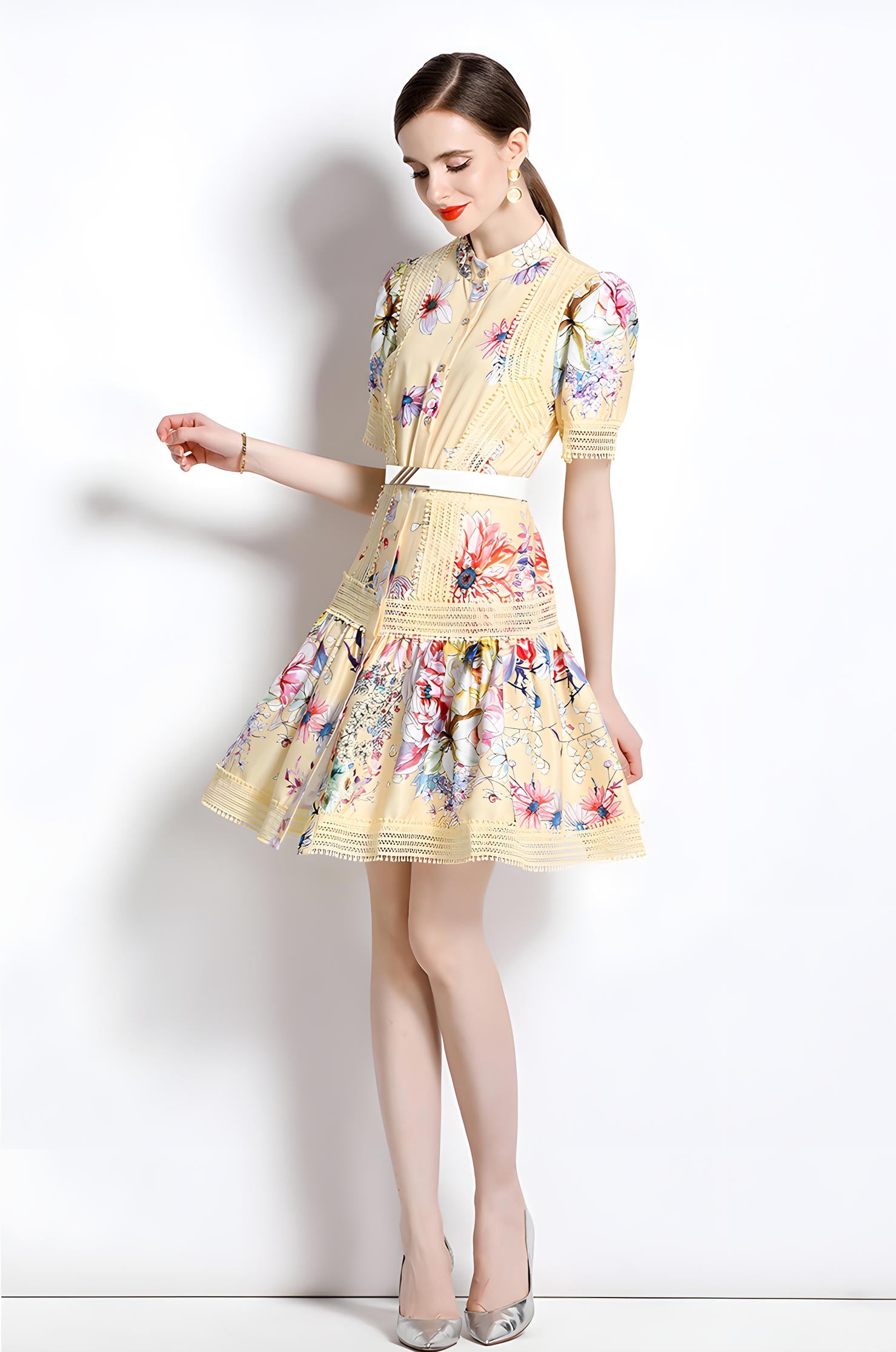 Printed French Style Shirt Short Dress With Belt and Cuff Sleeves - 710813554099_BAS