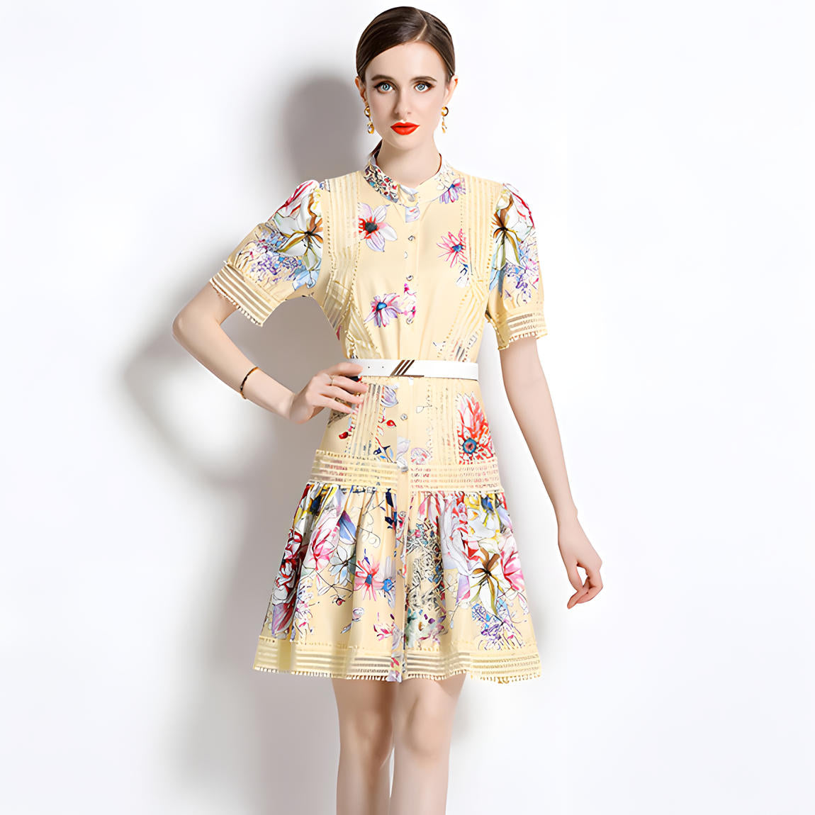 Printed French Style Shirt Short Dress With Belt and Cuff Sleeves - 710813554099_BAS