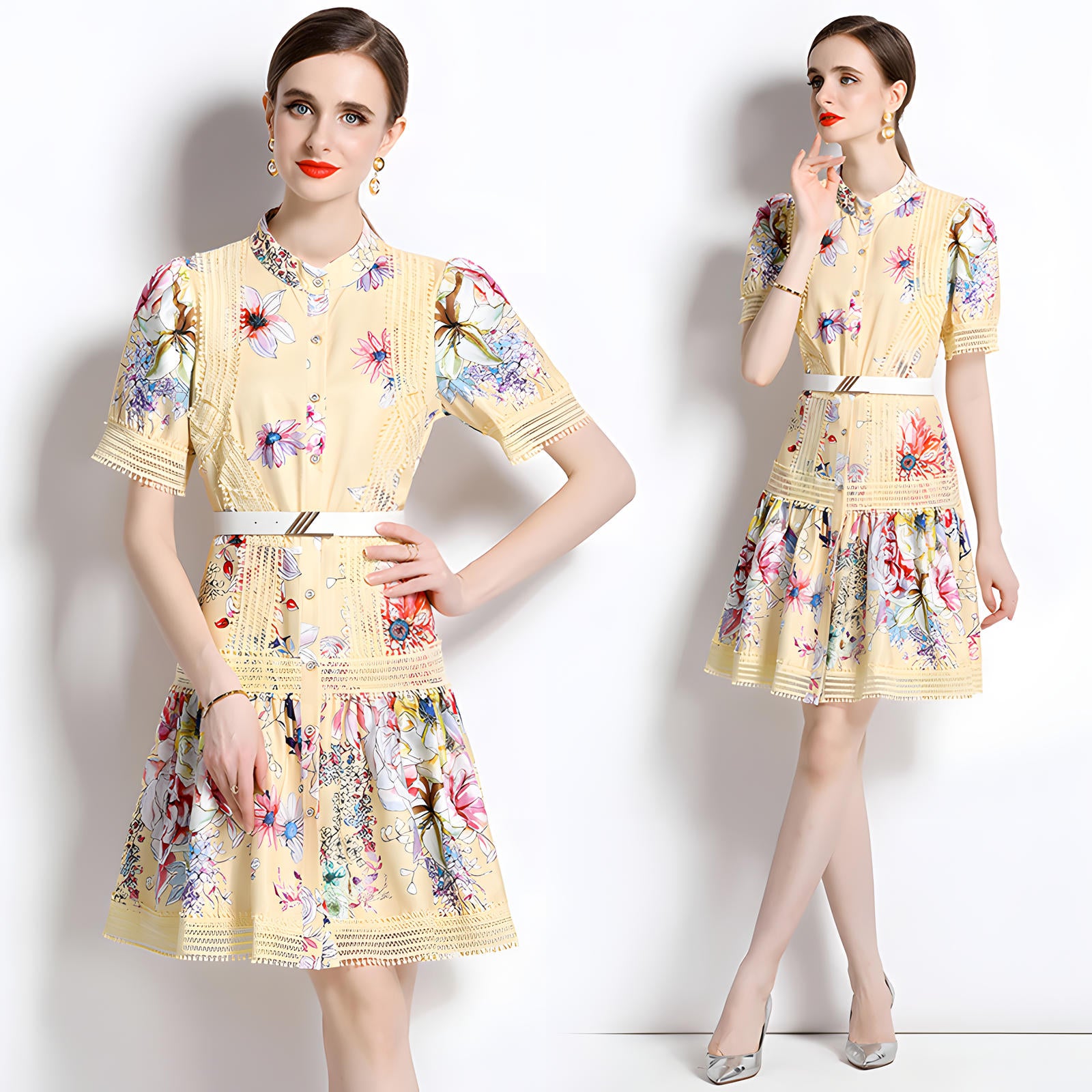 Printed French Style Shirt Short Dress With Belt and Cuff Sleeves - 710813554099_BAS