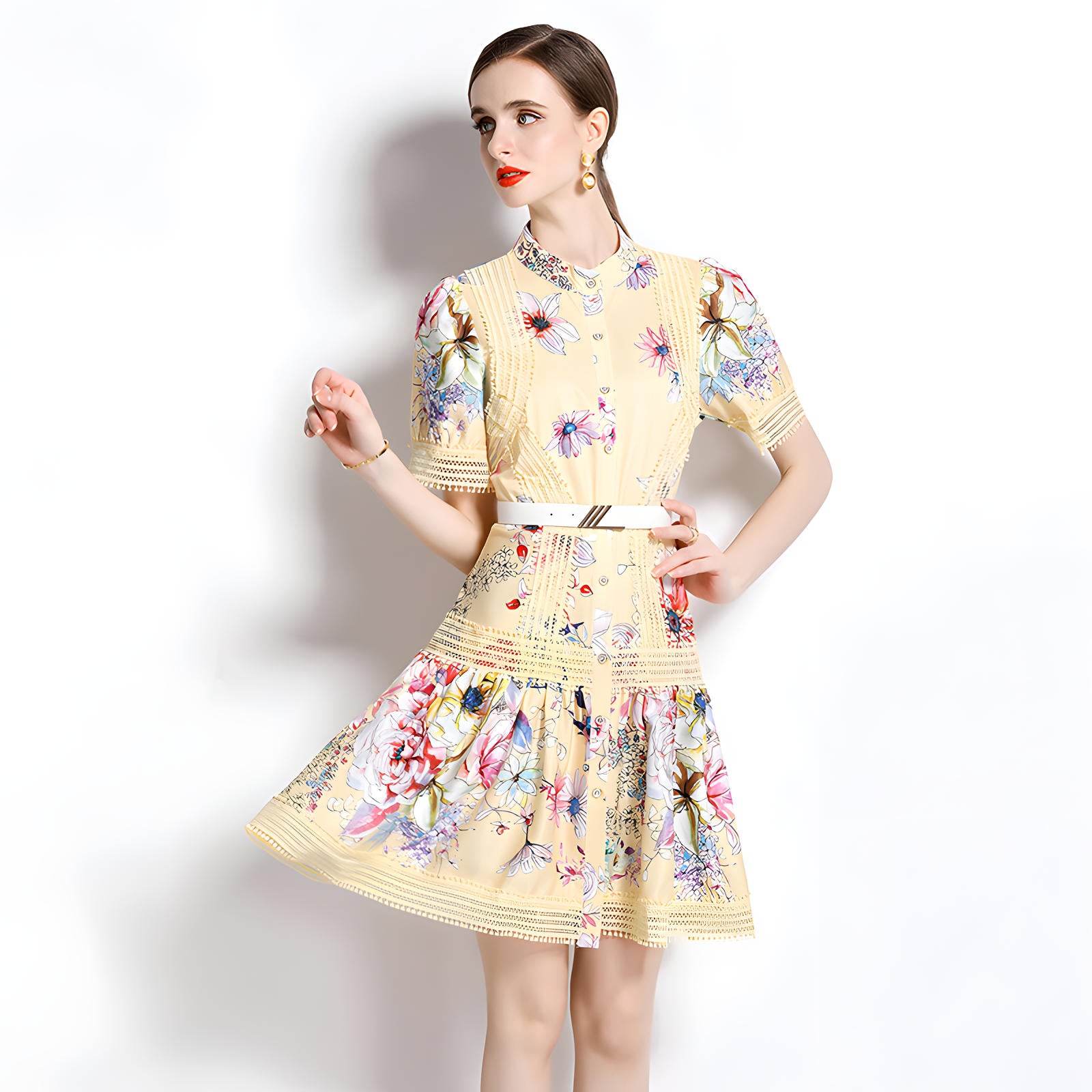 Printed French Style Shirt Short Dress With Belt and Cuff Sleeves - 710813554099_BAS