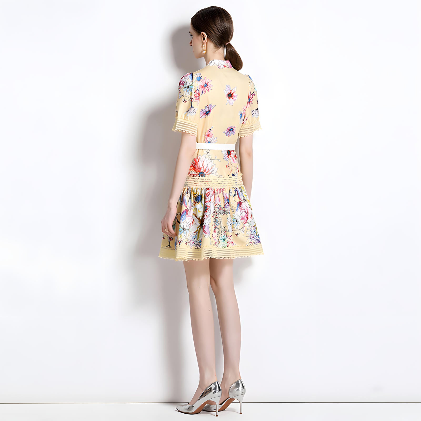 Printed French Style Shirt Short Dress With Belt and Cuff Sleeves - 710813554099_BAS
