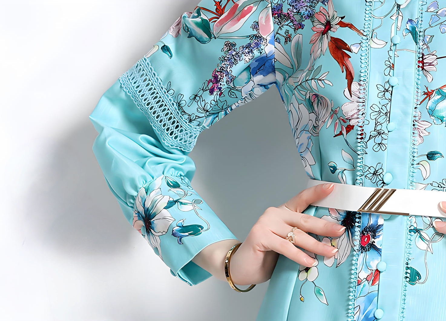 Printed French Style Shirt Short Dress With Belt and Cuff Sleeves - 710814674051_BAS