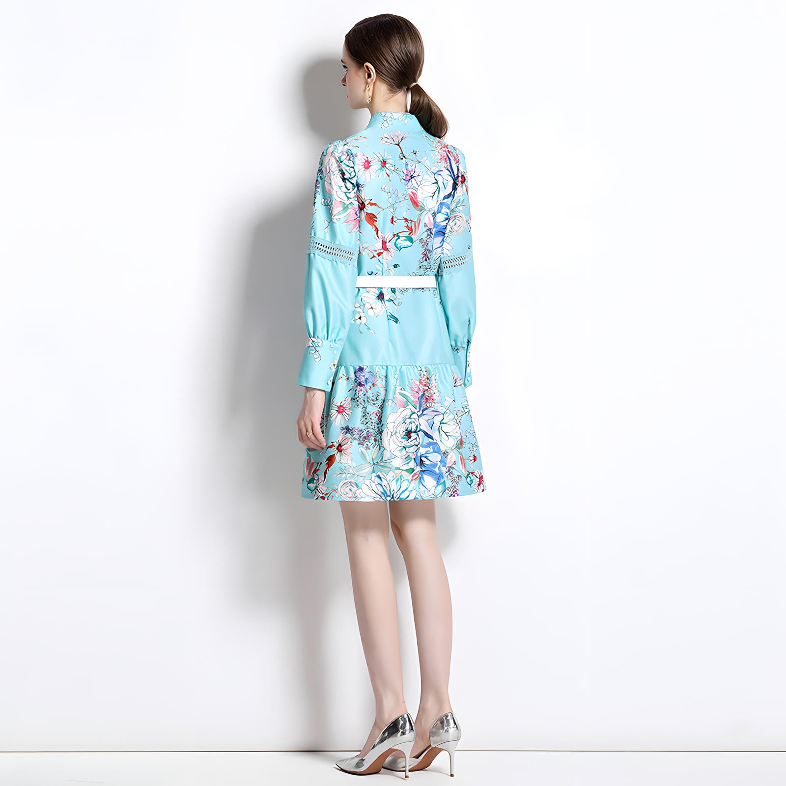 Printed French Style Shirt Short Dress With Belt and Cuff Sleeves - 710814674051_BAS