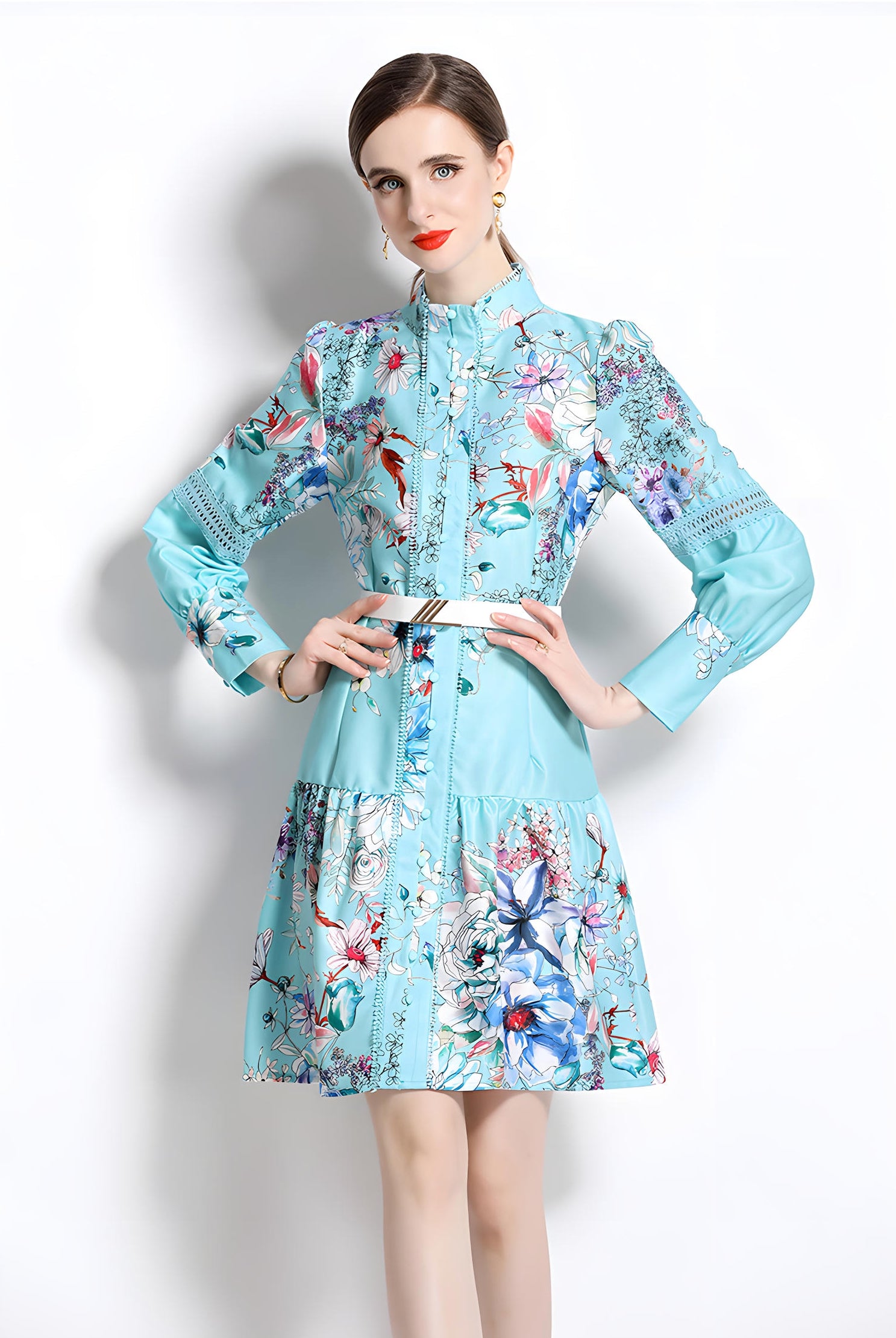 Printed French Style Shirt Short Dress With Belt and Cuff Sleeves - 710814674051_BAS