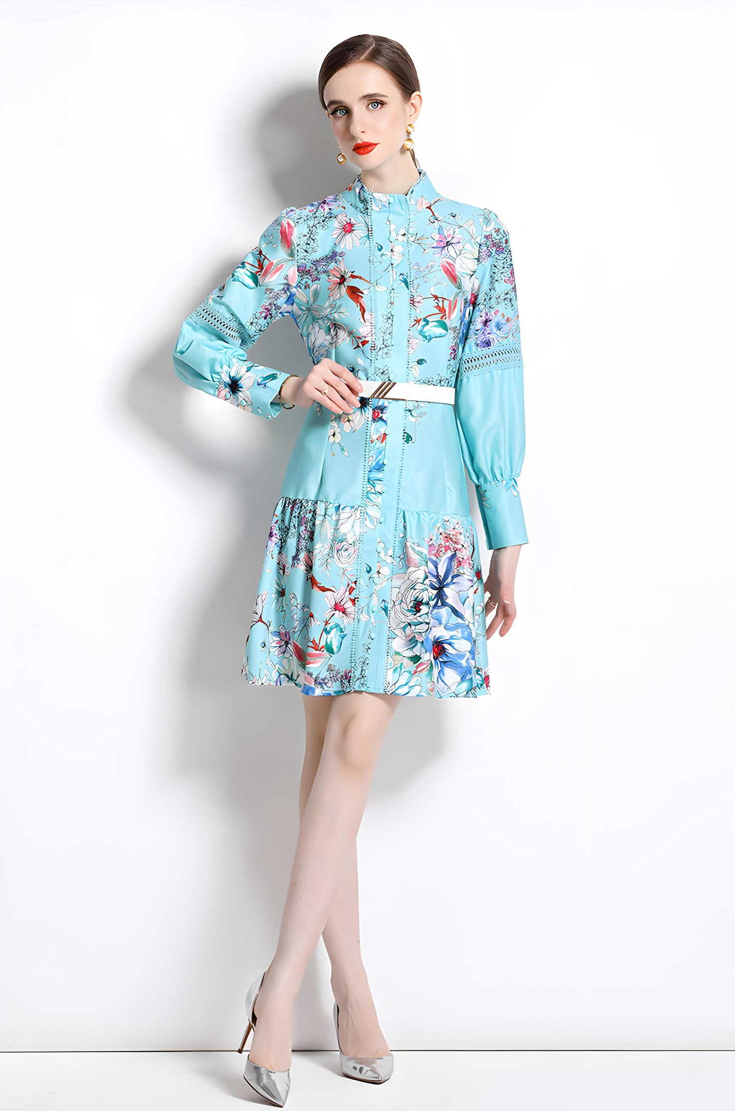 Printed French Style Shirt Short Dress With Belt and Cuff Sleeves - 710814674051_BAS