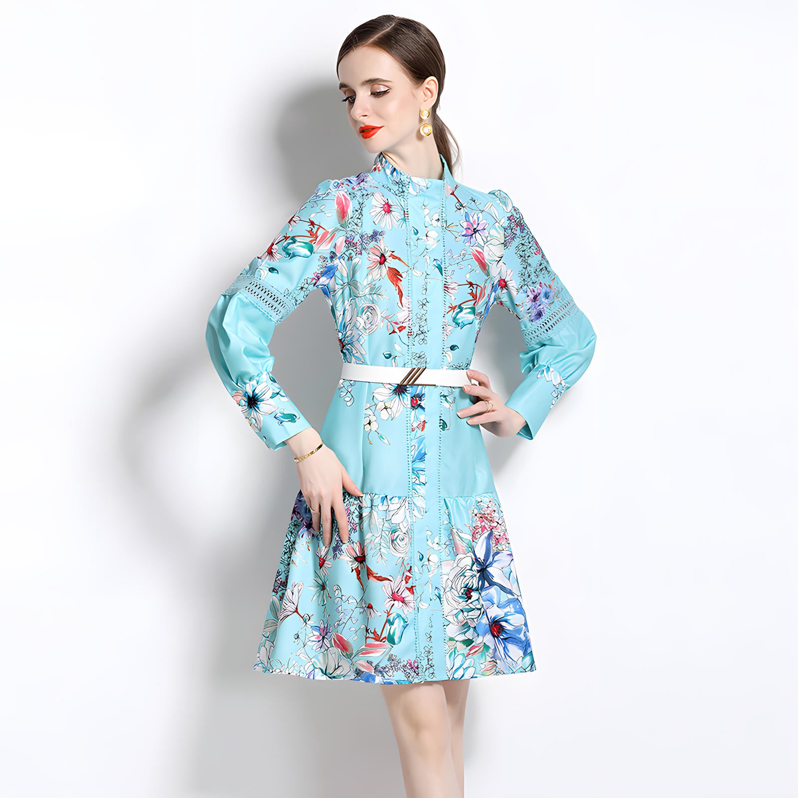 Printed French Style Shirt Short Dress With Belt and Cuff Sleeves - 710814674051_BAS