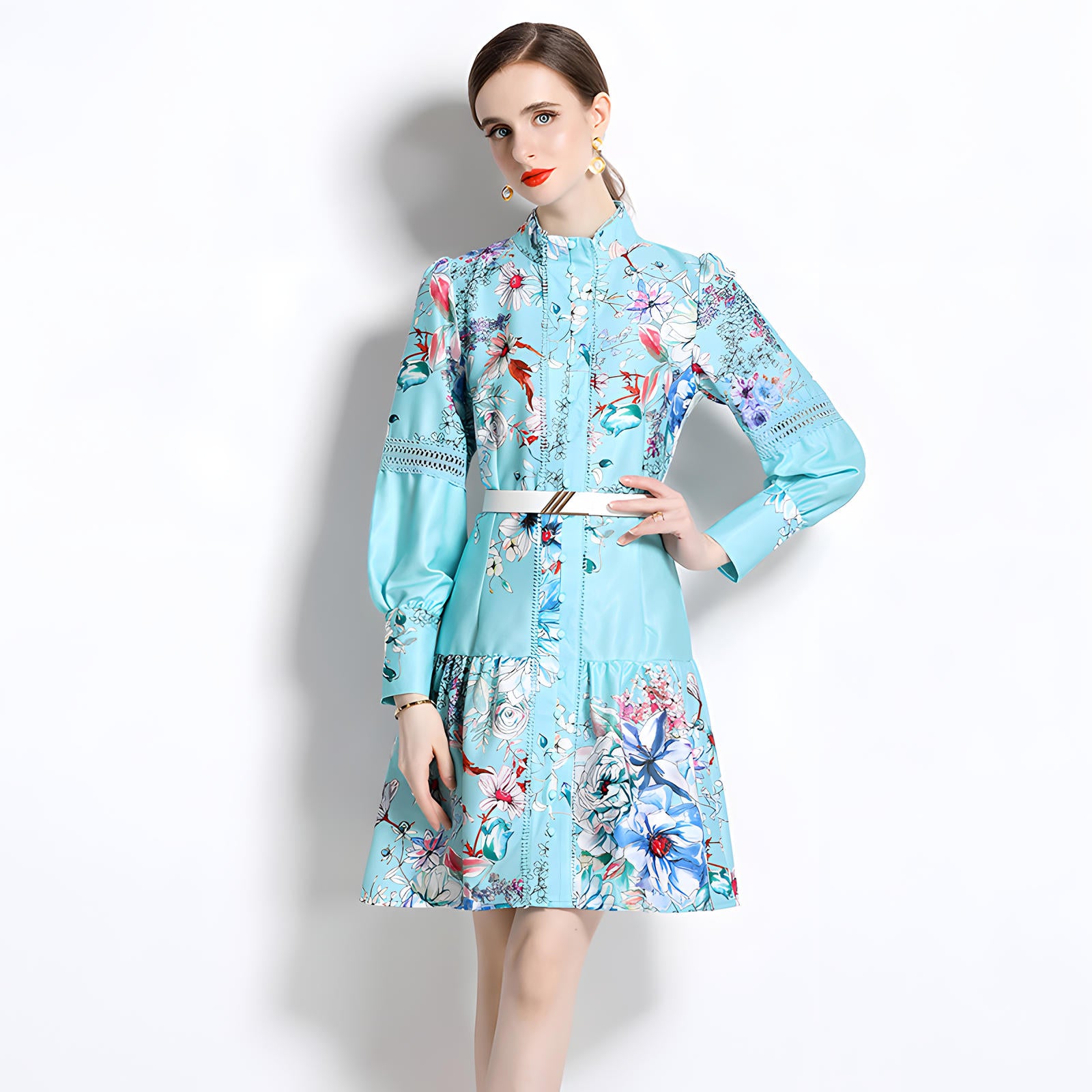 Printed French Style Shirt Short Dress With Belt and Cuff Sleeves - 710814674051_BAS