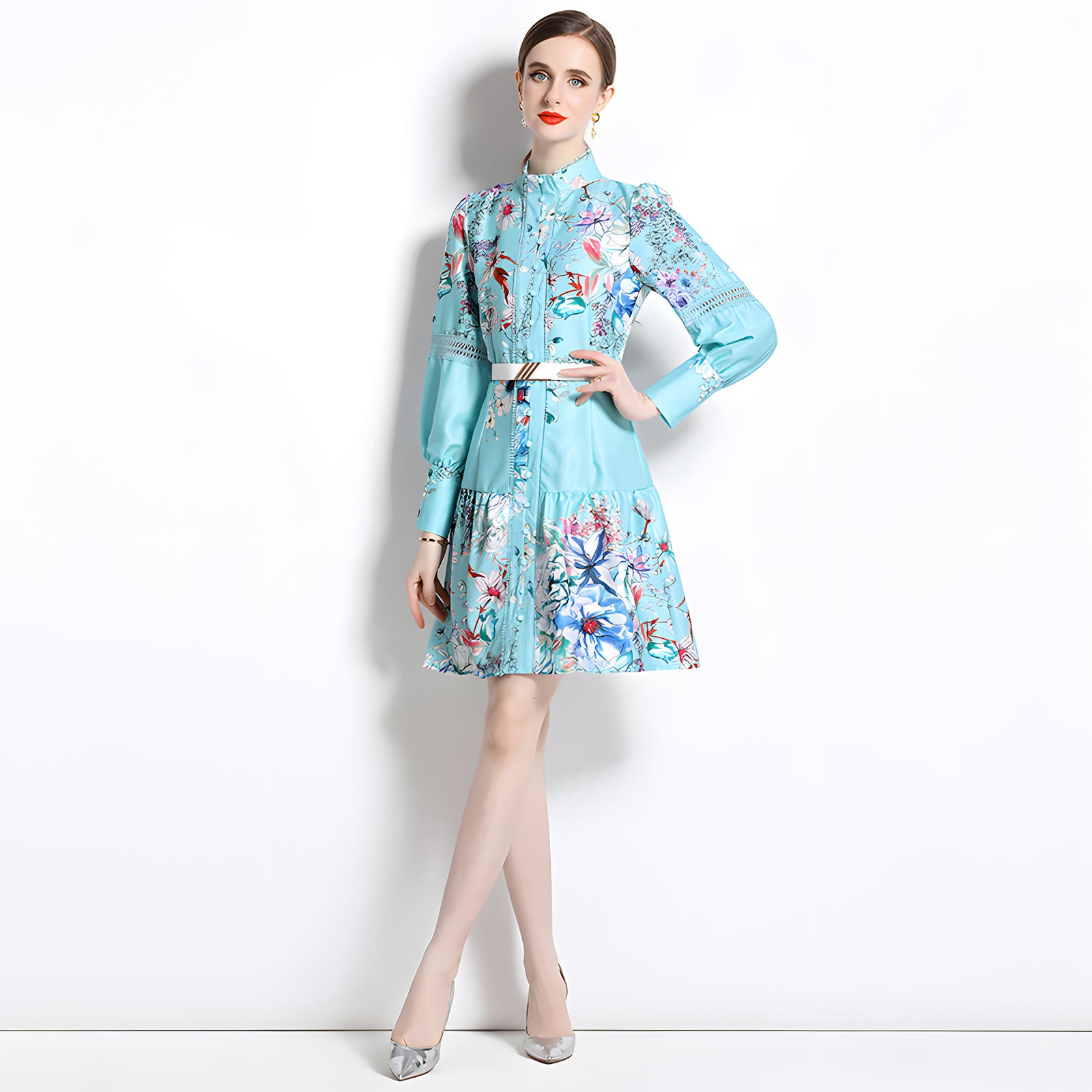 Printed French Style Shirt Short Dress With Belt and Cuff Sleeves - 710814674051_BAS