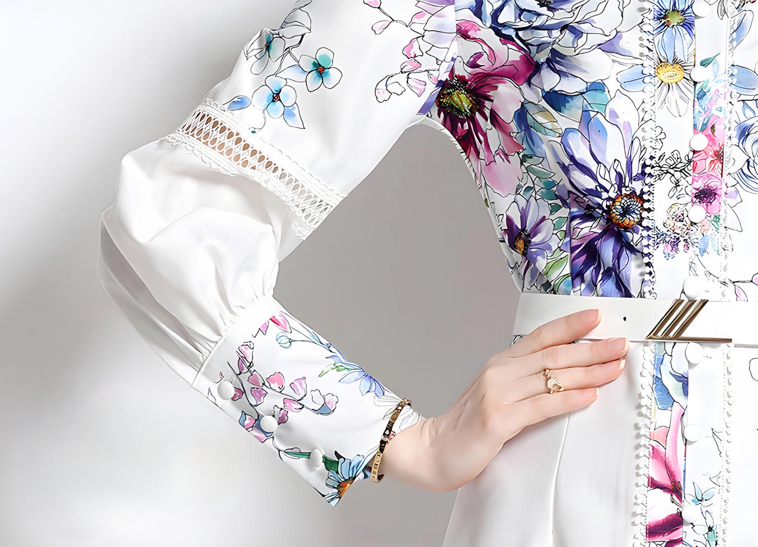 Printed French Style Shirt Short Dress With Belt and Cuff Sleeves - 710815106039_BAS