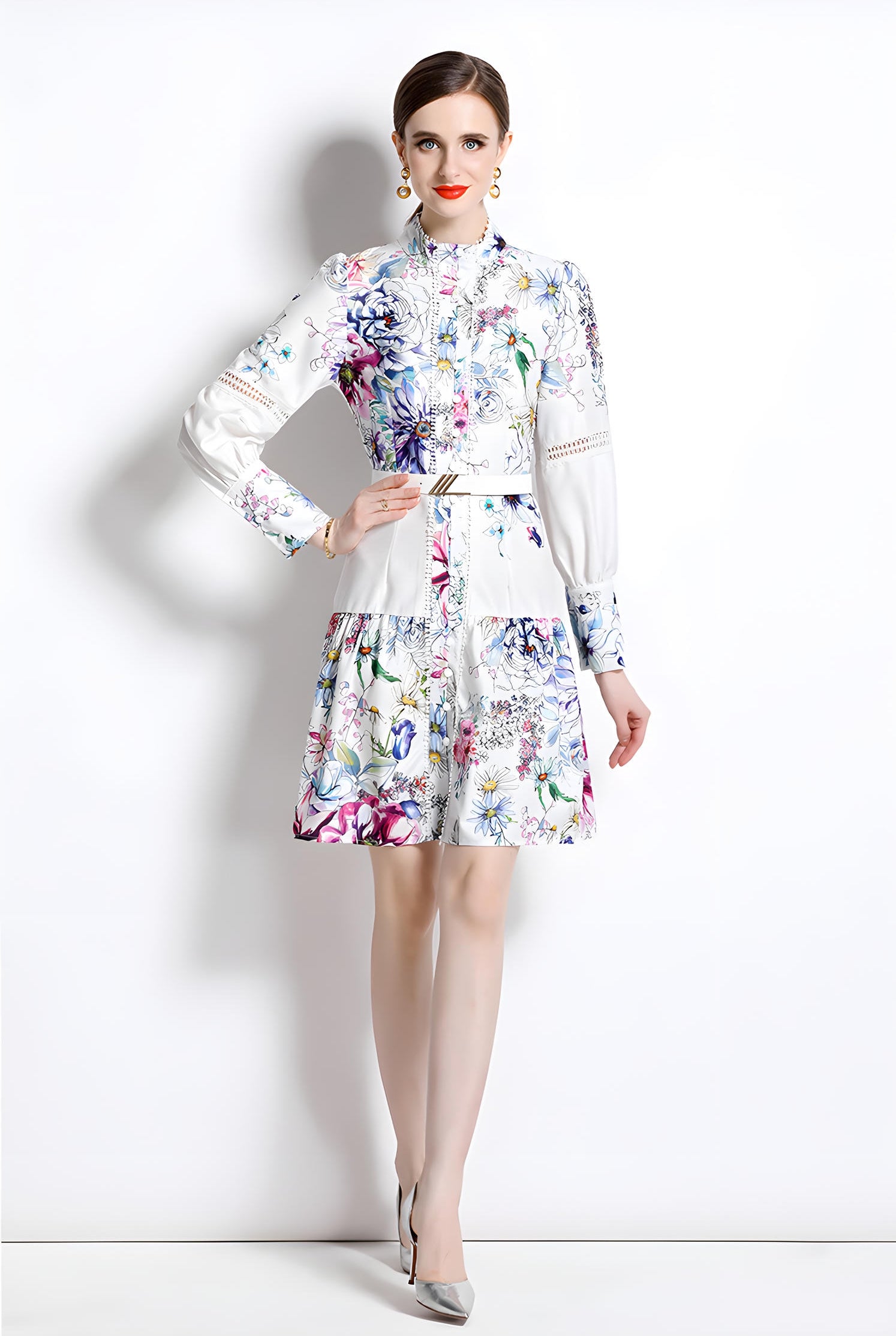 Printed French Style Shirt Short Dress With Belt and Cuff Sleeves - 710815106039_BAS