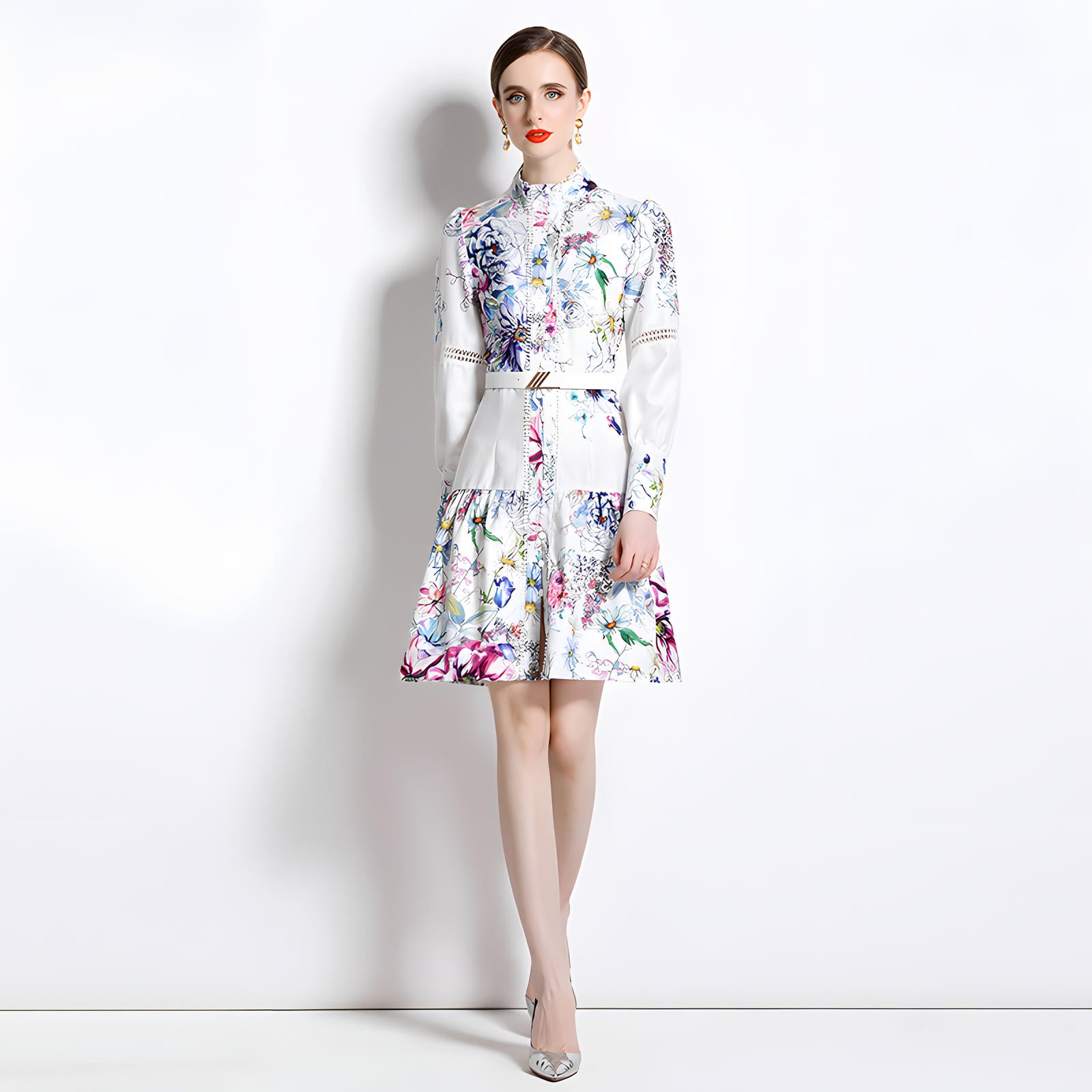 Printed French Style Shirt Short Dress With Belt and Cuff Sleeves - 710815106039_BAS