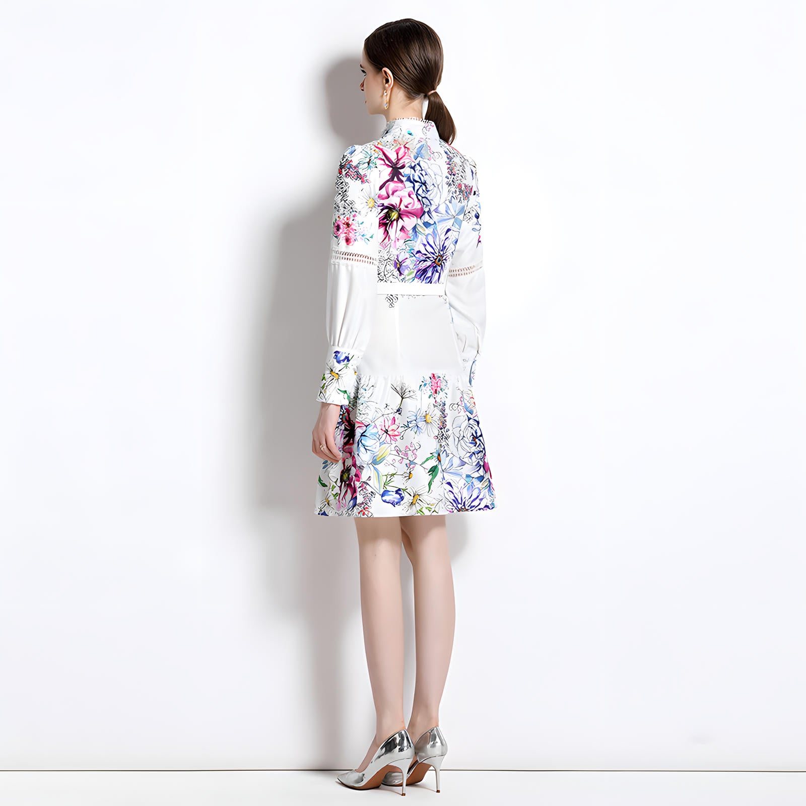 Printed French Style Shirt Short Dress With Belt and Cuff Sleeves - 710815106039_BAS