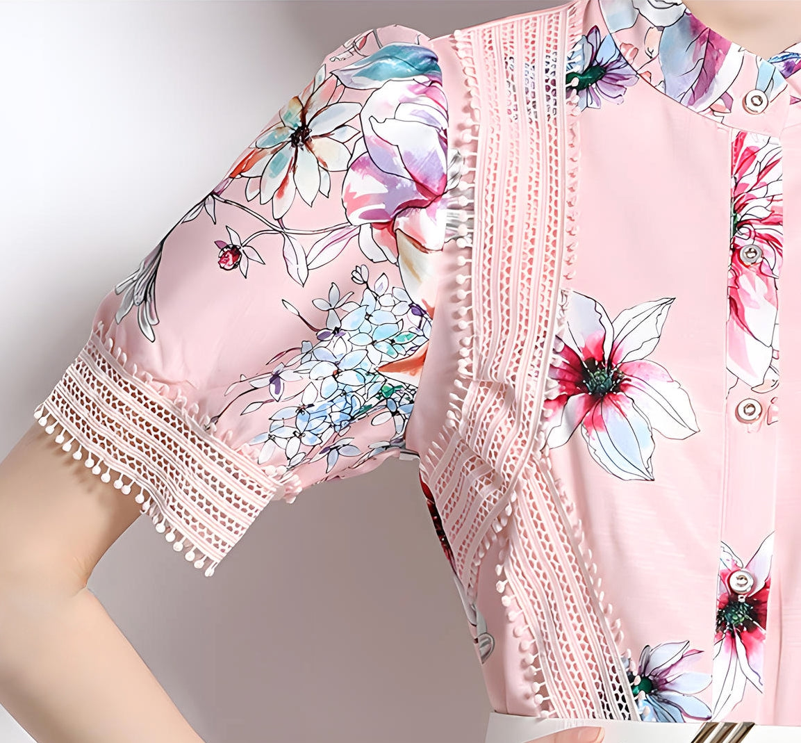 Printed French Style Shirt Short Dress With Belt and Cuff Sleeves - 711018147836_BAS