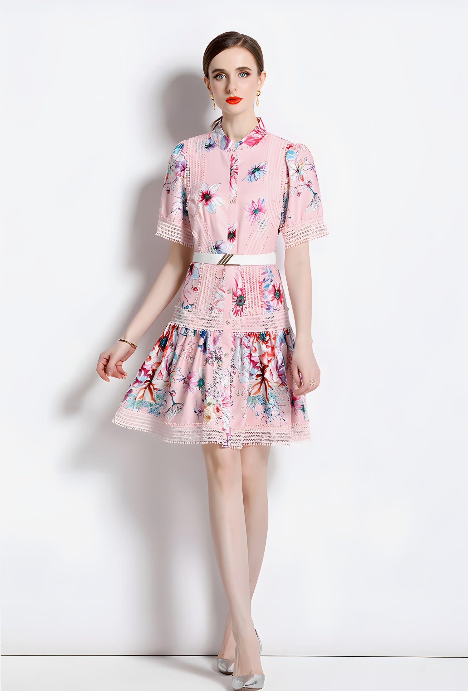 Printed French Style Shirt Short Dress With Belt and Cuff Sleeves - 711018147836_BAS