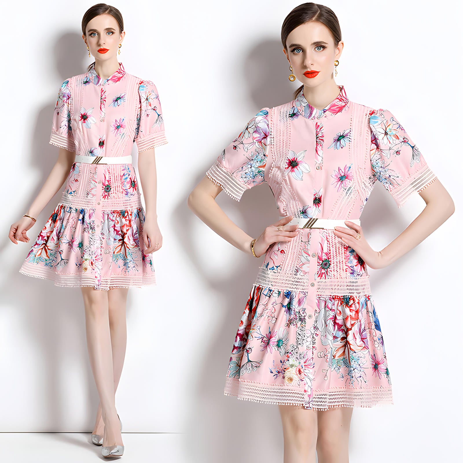 Printed French Style Shirt Short Dress With Belt and Cuff Sleeves - 711018147836_BAS