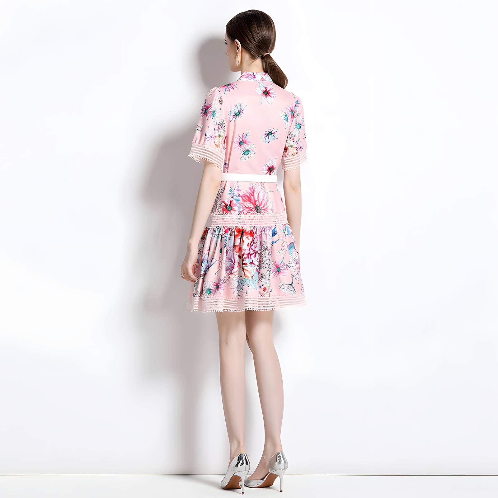 Printed French Style Shirt Short Dress With Belt and Cuff Sleeves - 711018147836_BAS