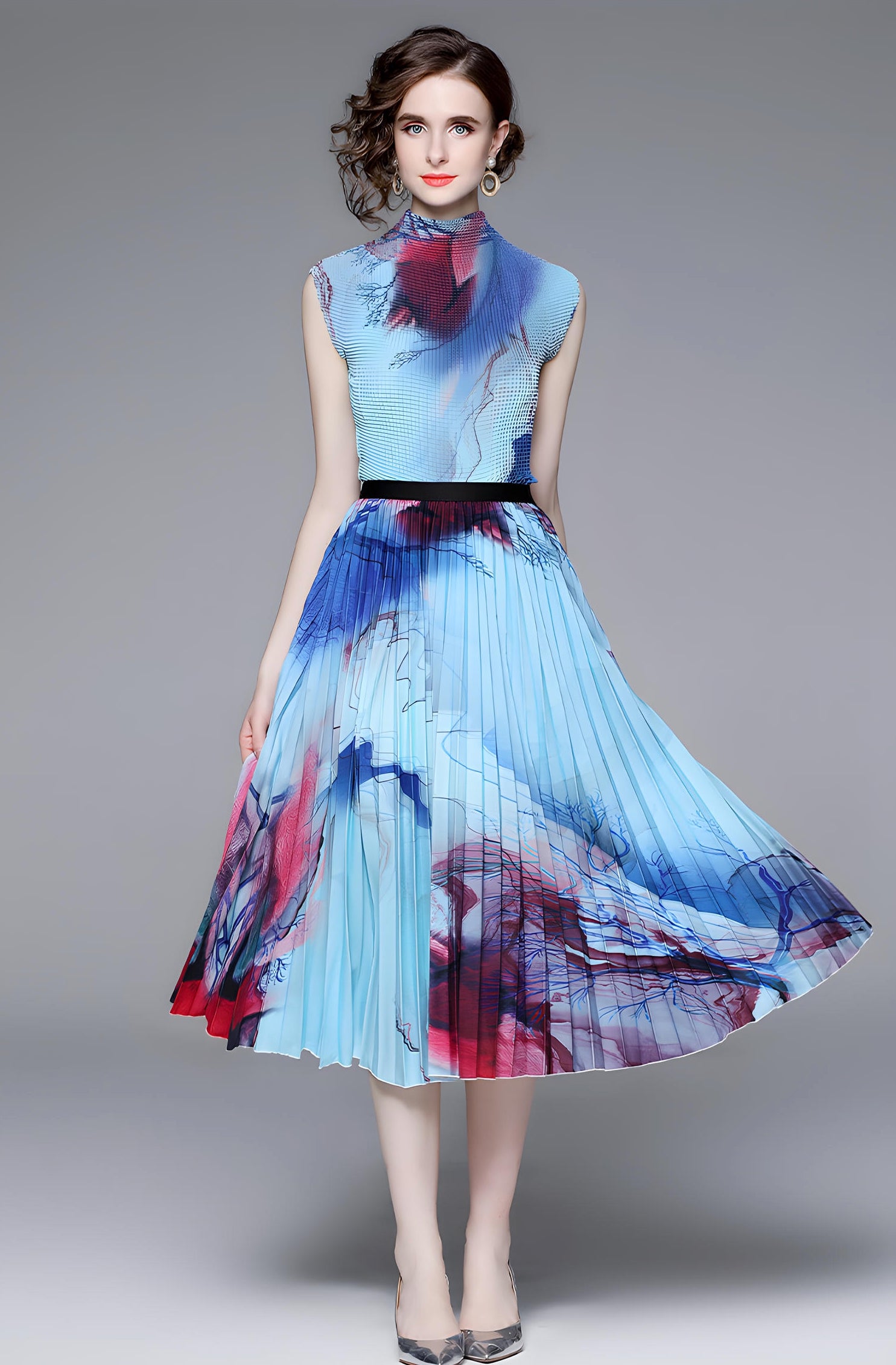 Meadow Miyaki Fold Blouse Pleated Skirt Two Piece Chiffon Set	- 711079831298_BLU