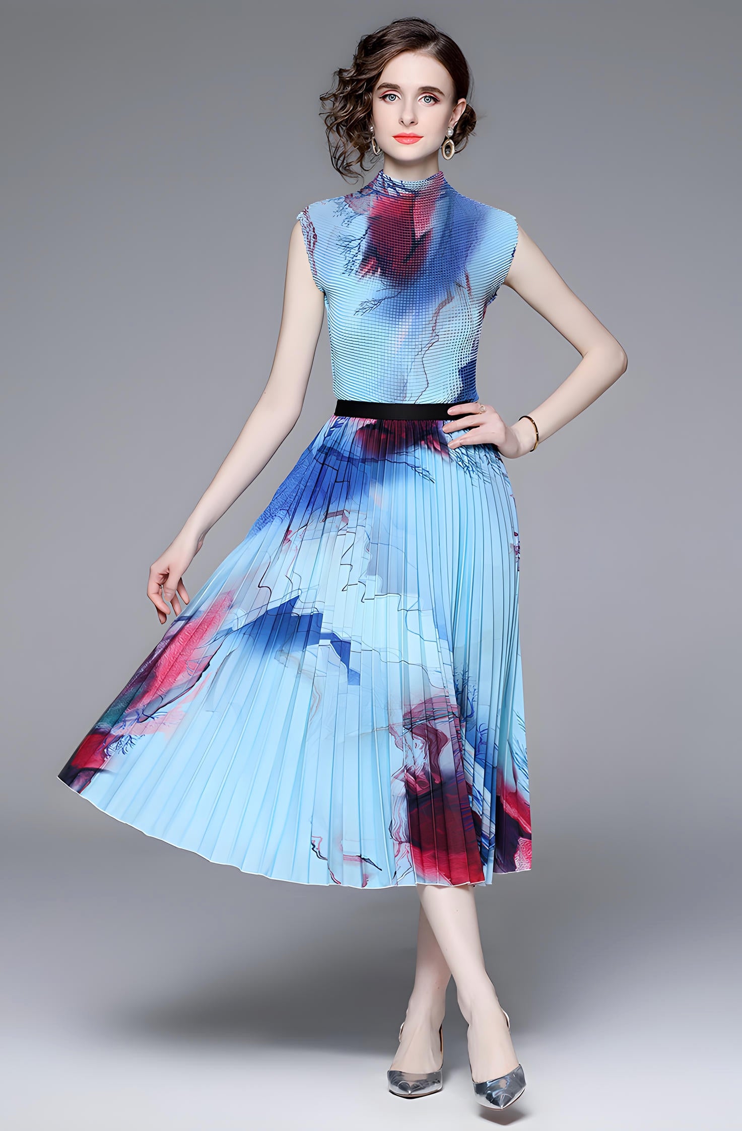 Meadow Miyaki Fold Blouse Pleated Skirt Two Piece Chiffon Set	- 711079831298_BLU